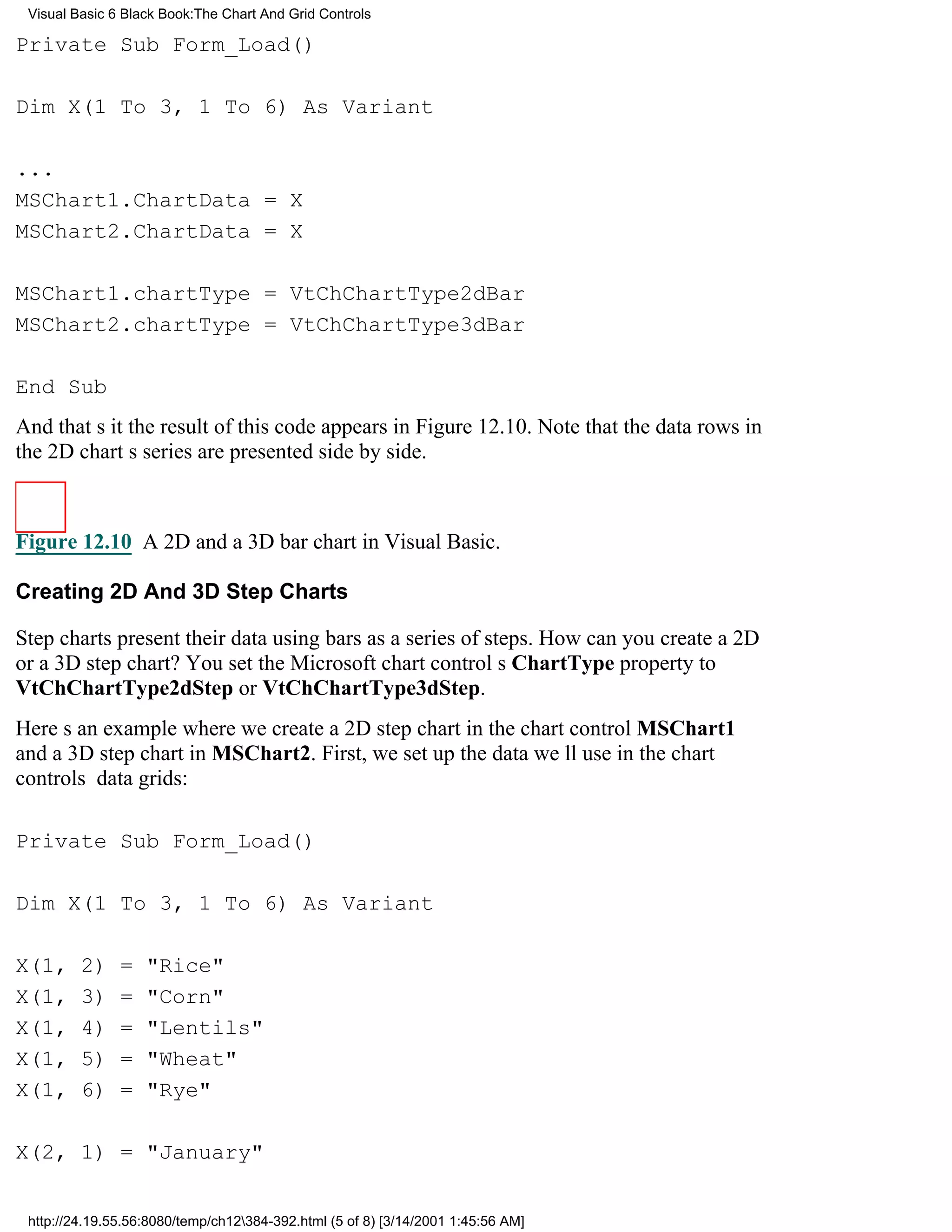 Visual Basic 6 Black Book:The Chart And Grid Controls

Private Sub Form_Load()

Dim X(1 To 3, 1 To 6) As Variant

...
MSChart1.ChartData = X
MSChart2.ChartData = X

MSChart1.chartType = VtChChartType2dBar
MSChart2.chartType = VtChChartType3dBar

End Sub
And thats itthe result of this code appears in Figure 12.10. Note that the data rows in
the 2D charts series are presented side by side.



Figure 12.10 A 2D and a 3D bar chart in Visual Basic.

Creating 2D And 3D Step Charts

Step charts present their data using bars as a series of steps. How can you create a 2D
or a 3D step chart? You set the Microsoft chart controls ChartType property to
VtChChartType2dStep or VtChChartType3dStep.
Heres an example where we create a 2D step chart in the chart control MSChart1
and a 3D step chart in MSChart2. First, we set up the data well use in the chart
controls data grids:

Private Sub Form_Load()

Dim X(1 To 3, 1 To 6) As Variant

X(1,     2)    =   "Rice"
X(1,     3)    =   "Corn"
X(1,     4)    =   "Lentils"
X(1,     5)    =   "Wheat"
X(1,     6)    =   "Rye"

X(2, 1) = "January"


 http://24.19.55.56:8080/temp/ch12384-392.html (5 of 8) [3/14/2001 1:45:56 AM]
 