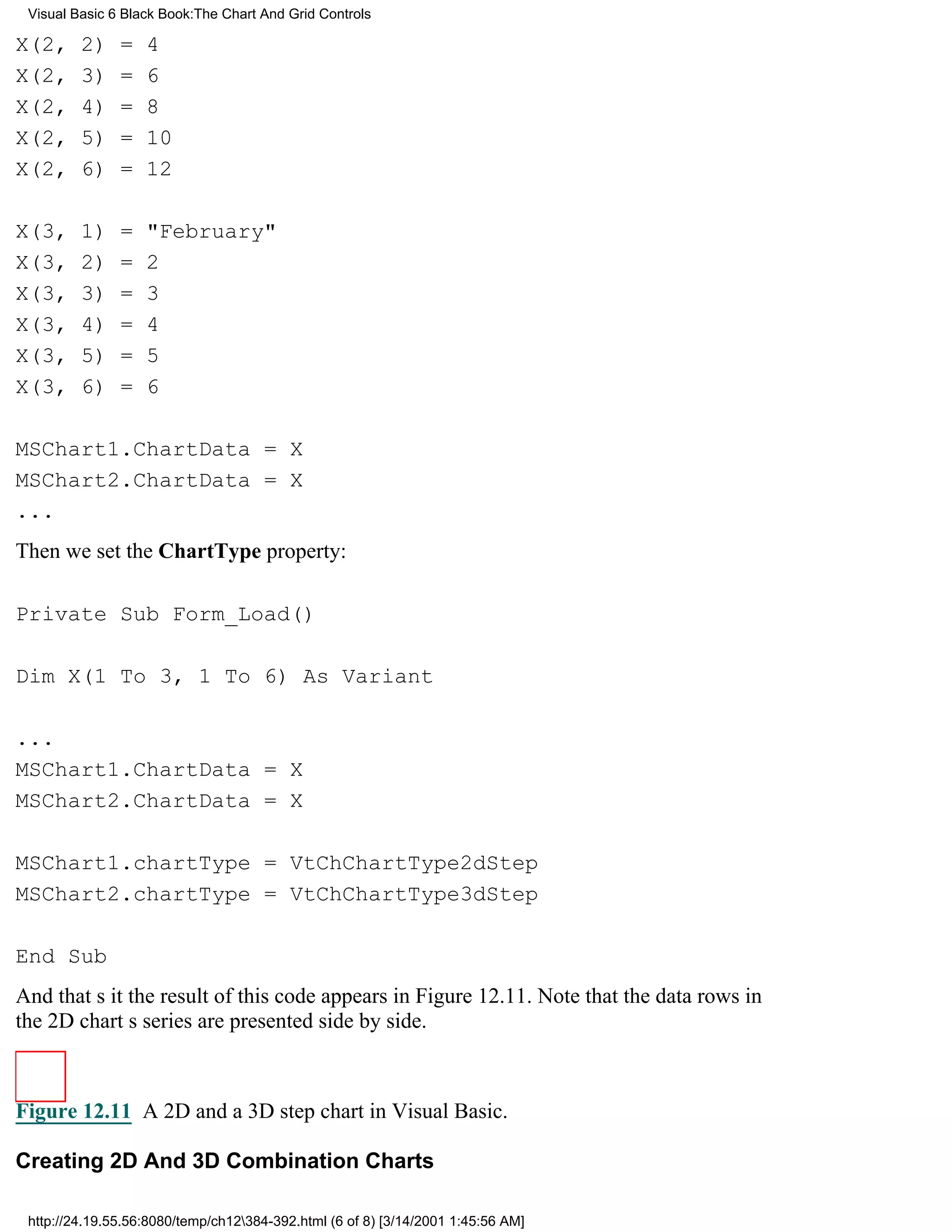 Visual Basic 6 Black Book:The Chart And Grid Controls

X(2,     2)    =   4
X(2,     3)    =   6
X(2,     4)    =   8
X(2,     5)    =   10
X(2,     6)    =   12

X(3,     1)    =   "February"
X(3,     2)    =   2
X(3,     3)    =   3
X(3,     4)    =   4
X(3,     5)    =   5
X(3,     6)    =   6

MSChart1.ChartData = X
MSChart2.ChartData = X
...
Then we set the ChartType property:

Private Sub Form_Load()

Dim X(1 To 3, 1 To 6) As Variant

...
MSChart1.ChartData = X
MSChart2.ChartData = X

MSChart1.chartType = VtChChartType2dStep
MSChart2.chartType = VtChChartType3dStep

End Sub
And thats itthe result of this code appears in Figure 12.11. Note that the data rows in
the 2D charts series are presented side by side.



Figure 12.11 A 2D and a 3D step chart in Visual Basic.

Creating 2D And 3D Combination Charts

 http://24.19.55.56:8080/temp/ch12384-392.html (6 of 8) [3/14/2001 1:45:56 AM]
 