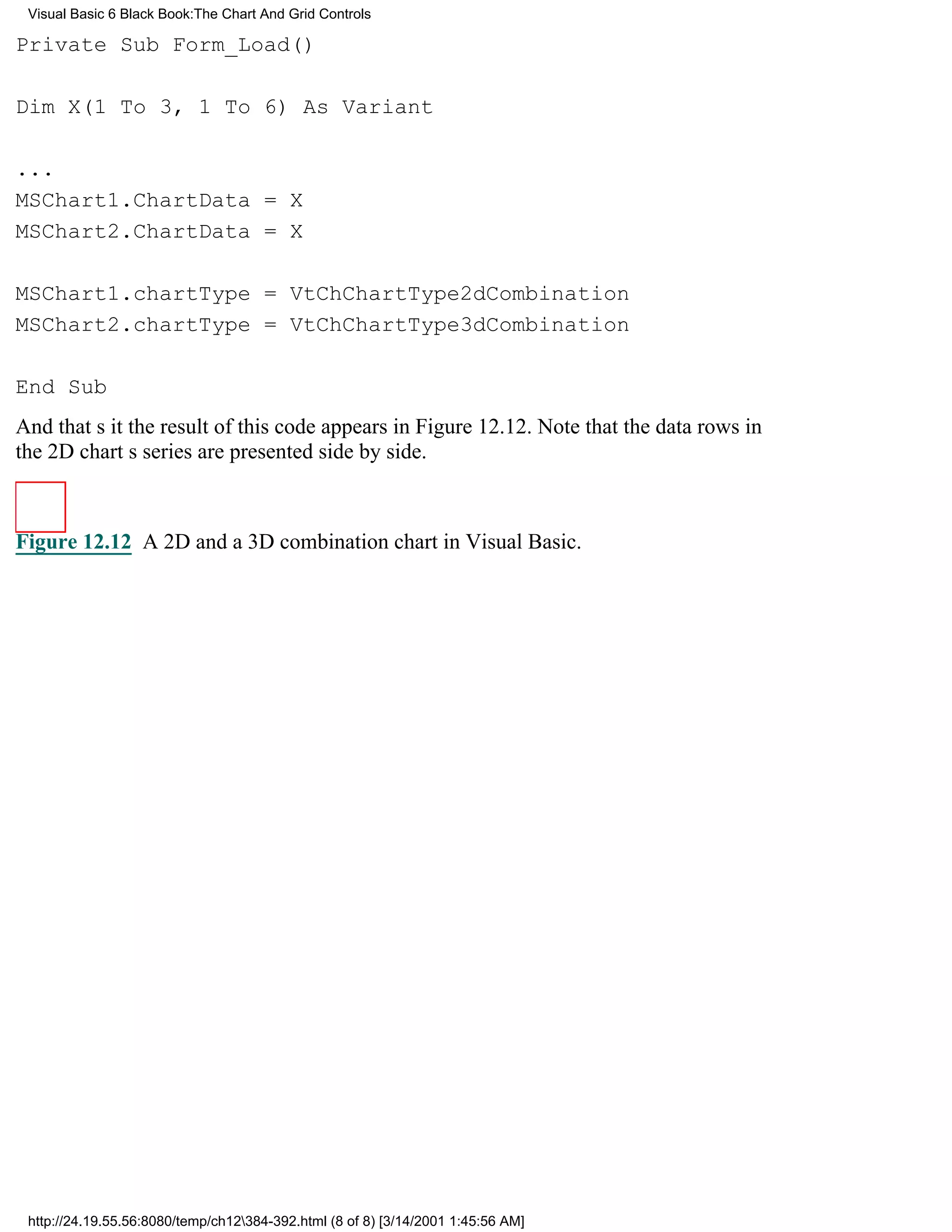 Visual Basic 6 Black Book:The Chart And Grid Controls

Private Sub Form_Load()

Dim X(1 To 3, 1 To 6) As Variant

...
MSChart1.ChartData = X
MSChart2.ChartData = X

MSChart1.chartType = VtChChartType2dCombination
MSChart2.chartType = VtChChartType3dCombination

End Sub
And thats itthe result of this code appears in Figure 12.12. Note that the data rows in
the 2D charts series are presented side by side.



Figure 12.12 A 2D and a 3D combination chart in Visual Basic.




 http://24.19.55.56:8080/temp/ch12384-392.html (8 of 8) [3/14/2001 1:45:56 AM]
 