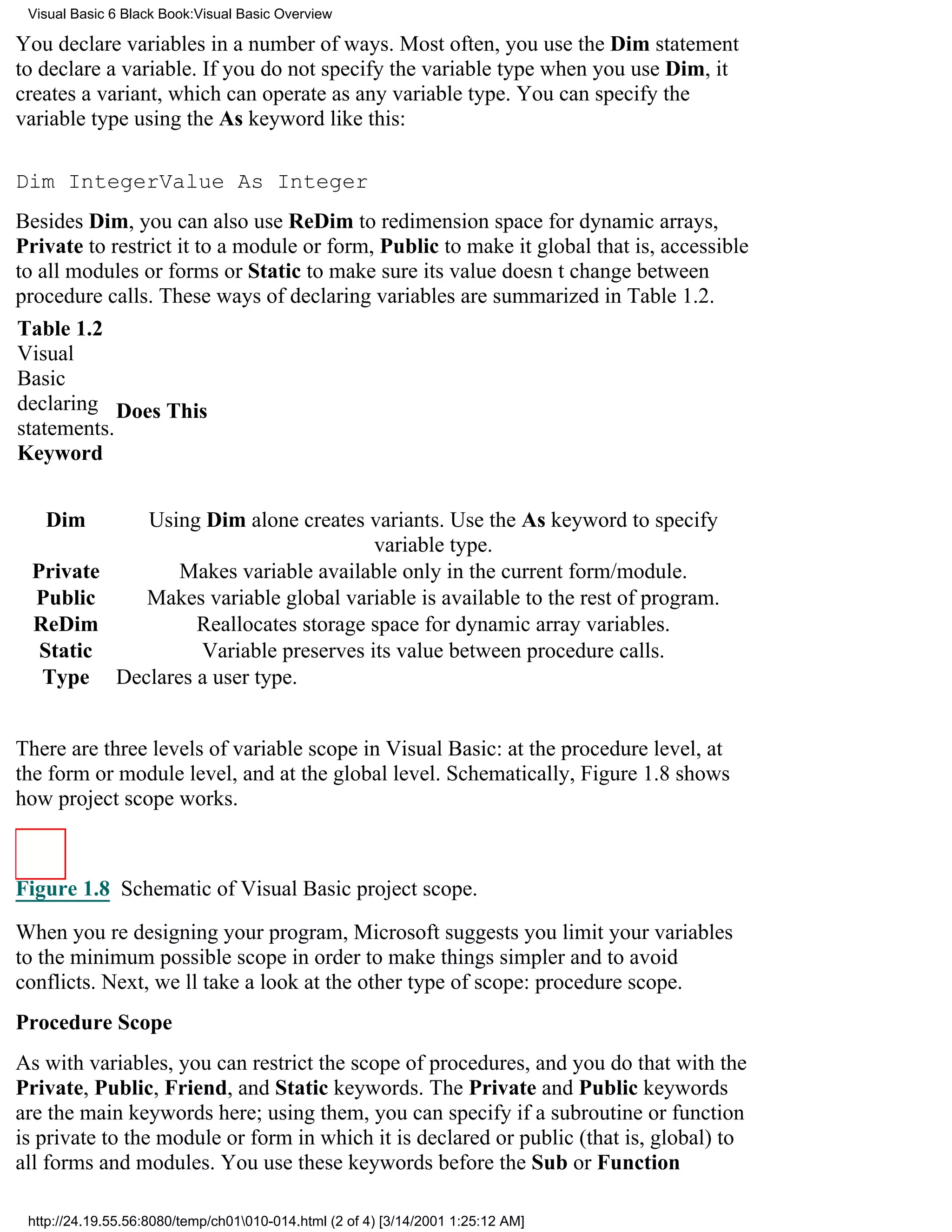 Visual Basic 6 Black Book:Visual Basic Overview

You declare variables in a number of ways. Most often, you use the Dim statement
to declare a variable. If you do not specify the variable type when you use Dim, it
creates a variant, which can operate as any variable type. You can specify the
variable type using the As keyword like this:

Dim IntegerValue As Integer
Besides Dim, you can also use ReDim to redimension space for dynamic arrays,
Private to restrict it to a module or form, Public to make it globalthat is, accessible
to all modules or formsor Static to make sure its value doesnt change between
procedure calls. These ways of declaring variables are summarized in Table 1.2.
Table 1.2
Visual
Basic
declaring Does This
statements.
Keyword


   Dim    Using Dim alone creates variants. Use the As keyword to specify
                                    variable type.
 Private      Makes variable available only in the current form/module.
 Public   Makes variable globalvariable is available to the rest of program.
 ReDim          Reallocates storage space for dynamic array variables.
  Static        Variable preserves its value between procedure calls.
  Type Declares a user type.


There are three levels of variable scope in Visual Basic: at the procedure level, at
the form or module level, and at the global level. Schematically, Figure 1.8 shows
how project scope works.



Figure 1.8 Schematic of Visual Basic project scope.

When youre designing your program, Microsoft suggests you limit your variables
to the minimum possible scope in order to make things simpler and to avoid
conflicts. Next, well take a look at the other type of scope: procedure scope.
Procedure Scope
As with variables, you can restrict the scope of procedures, and you do that with the
Private, Public, Friend, and Static keywords. The Private and Public keywords
are the main keywords here; using them, you can specify if a subroutine or function
is private to the module or form in which it is declared or public (that is, global) to
all forms and modules. You use these keywords before the Sub or Function

 http://24.19.55.56:8080/temp/ch01010-014.html (2 of 4) [3/14/2001 1:25:12 AM]
 