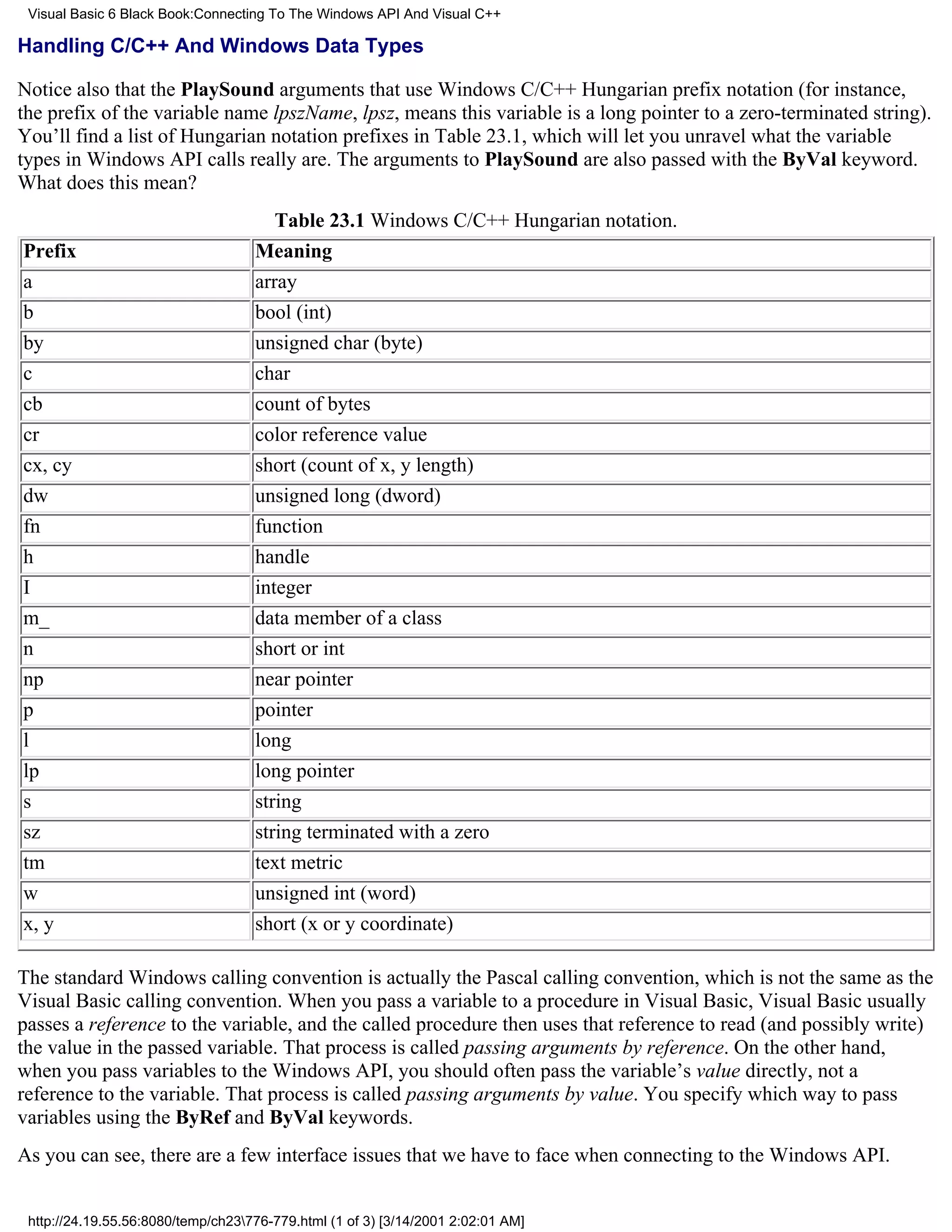 Visual Basic 6 Black Book:Connecting To The Windows API And Visual C++

Handling C/C++ And Windows Data Types

Notice also that the PlaySound arguments that use Windows C/C++ Hungarian prefix notation (for instance,
the prefix of the variable name lpszName, lpsz, means this variable is a long pointer to a zero-terminated string).
You’ll find a list of Hungarian notation prefixes in Table 23.1, which will let you unravel what the variable
types in Windows API calls really are. The arguments to PlaySound are also passed with the ByVal keyword.
What does this mean?
                                       Table 23.1 Windows C/C++ Hungarian notation.
Prefix                              Meaning
a                                   array
b                                   bool (int)
by                                  unsigned char (byte)
c                                   char
cb                                  count of bytes
cr                                  color reference value
cx, cy                              short (count of x, y length)
dw                                  unsigned long (dword)
fn                                  function
h                                   handle
I                                   integer
m_                                  data member of a class
n                                   short or int
np                                  near pointer
p                                   pointer
l                                   long
lp                                  long pointer
s                                   string
sz                                  string terminated with a zero
tm                                  text metric
w                                   unsigned int (word)
x, y                                short (x or y coordinate)

The standard Windows calling convention is actually the Pascal calling convention, which is not the same as the
Visual Basic calling convention. When you pass a variable to a procedure in Visual Basic, Visual Basic usually
passes a reference to the variable, and the called procedure then uses that reference to read (and possibly write)
the value in the passed variable. That process is called passing arguments by reference. On the other hand,
when you pass variables to the Windows API, you should often pass the variable’s value directly, not a
reference to the variable. That process is called passing arguments by value. You specify which way to pass
variables using the ByRef and ByVal keywords.
As you can see, there are a few interface issues that we have to face when connecting to the Windows API.


 http://24.19.55.56:8080/temp/ch23776-779.html (1 of 3) [3/14/2001 2:02:01 AM]
 