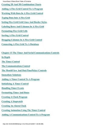 Visual Basic 6 Black Book:Table of Contents

Creating 2D And 3D Combination Charts

Adding A Flex Grid Control To A Program

Working With Data In A Flex Grid Control

Typing Data Into A Flex Grid

Setting Flex Grid Grid Lines And Border Styles

Labeling Rows And Columns In A Flex Grid

Formatting Flex Grid Cells

Sorting A Flex Grid Control

Dragging Columns In A Flex Grid Control

Connecting A Flex Grid To A Database


Chapter 13The Timer And Serial Communications Controls

In Depth

The Timer Control

The Communications Control

The MonthView And DateTimePicker Controls

Immediate Solutions

Adding A Timer Control To A Program

Initializing A Timer Control
Handling Timer Events

Formatting Times And Dates

Creating A Clock Program

Creating A Stopwatch

Creating An Alarm Clock

Creating Animation Using The Timer Control
Adding A Communications Control To A Program



 http://24.19.55.56:8080/temp/ (13 of 35) [3/14/2001 1:24:09 AM]
 