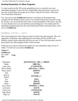 Visual Basic 6 Black Book:The Visual Basic Language

Sending Keystrokes To Other Programs

Its time to print out the 349 screen spreadsheets youve created in your new
spreadsheet program to show the boss. Regrettably, there just doesnt seem to be
any way to print them out except one at a time, using the File menus Print item.
Can Visual Basic help here?
Yes. You can use the SendKeys() function to send keys to the program that
currently has the Windows focus, just as if you typed in those keys yourself. Using
the Alt key, you can reach the menu items in your spreadsheets File menu. The day
is saved, because now you can automate your printing job, even waiting until the
spreadsheet program processes the current keystroke before continuing. Heres how
you use SendKeys():

SendKeys string [, wait]
The string expression is the string you want to send to the other program. The wait
argument is a Boolean value indicating the wait mode. If False (which is the
default), control returns right after the keys are sent. If True, the keystrokes must be
processed by the other program before control returns.
If the keys you want to send are not simple text, just embed the codes you see in
Table 3.7 in the text you send to SendKeys().
Table 3.7
SendKeys()
key codes. Code
Key


 Backspace                               {BACKSPACE}, {BS}, or {BKSP}
   Break                                         {BREAK}
 Caps Lock                                     {CAPSLOCK}
Del or Delete                                {DELETE} or {DEL}
Down arrow                                       {DOWN}
    End                                           {END}
  Enter or
                                                        {ENTER} or ~
   Return
     Esc                                                  {ESC}
    Help                                                 {HELP}
   Home                                                 {HOME}
Ins or Insert                                       {INSERT} or {INS}
 Left arrow                                              {LEFT}
 Num Lock                                             {NUMLOCK}
 Page Down                                              {PGDN}
  Page Up                                                {PGUP}


 http://24.19.55.56:8080/temp/ch03109-114.html (2 of 4) [3/14/2001 1:28:55 AM]
 