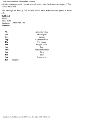 Visual Basic 6 Black Book:The Visual Basic Language

astrophysics department. How do you calculate a hyperbolic cosecant anyway? Can
Visual Basic do it?
Yes, although not directly. The built-in Visual Basic math functions appear in Table
3.8.
Table 3.8
Visual
Basic math
functions. Calculates This
Function


    Abs                                               Absolute value
    Atn                                                 Arc tangent
    Cos                                                   Cosine
    Exp                                              Exponentiation
    Fix                                                 Fix places
    Int                                                Integer value
    Log                                                     Log
    Rnd                                              Random number
    Sgn                                                    Sign
    Sin                                                    Sine
    Sqr                                                 Square root
    Tan        Tangent




 http://24.19.55.56:8080/temp/ch03109-114.html (4 of 4) [3/14/2001 1:28:55 AM]
 
