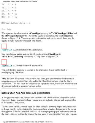 Visual Basic 6 Black Book:The Chart And Grid Controls

X(3,     2)    =   4
X(3,     3)    =   6
X(3,     4)    =   8
X(3,     5)    =   10
X(3,     6)    =   12

MSChart1.ChartData = X

End Sub
When you set the chart controls ChartType property to VtChChartType2dLine and
the ShowLegend property to True so the legend is displayed, the result appears as
shown in Figure 12.4. You can see the various data series represented there, and the
legend at right explains what each line means.



Figure 12.4 A 2D line chart with a data series.

You can also use a data series with 3D graphssetting ChartType to
VtChChartType3dStep creates the 3D step chart in Figure 12.5.



Figure 12.5 A 3D step chart with a data series.

The code for this example is located in the chartseries folder on this books
accompanying CD-ROM.

TIP: To draw the sum of various series in a chart, you can open the chart controls
property pages, click the Chart tab, and in the Chart Options box, click the Stack
Series item. This will stack the series one on top of the other, which can be convenient
if you want to look at a sum of various series.


Setting Chart And Axis Titles And Chart Colors

In the previous topic, weve seen how to create row labels and use a legend in a chart.
However, theres much more hereyou can also set a charts title, as well as give titles
to the entire x- and y-axes.
To set a charts titles, you can open the chart controls property pages, and you do that
at design time by right-clicking the chart control and selecting Properties in the menu
that appears. You can then click the Text tab in the property pages and set the text for
the charts title, as well as the titles of the two axes. If you click the Fonts tab, you can


 http://24.19.55.56:8080/temp/ch12379-383.html (3 of 5) [3/14/2001 1:45:06 AM]
 
