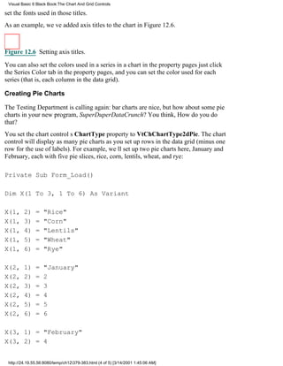 Visual Basic 6 Black Book:The Chart And Grid Controls

set the fonts used in those titles.
As an example, weve added axis titles to the chart in Figure 12.6.



Figure 12.6 Setting axis titles.

You can also set the colors used in a series in a chart in the property pagesjust click
the Series Color tab in the property pages, and you can set the color used for each
series (that is, each column in the data grid).

Creating Pie Charts

The Testing Department is calling again: bar charts are nice, but how about some pie
charts in your new program, SuperDuperDataCrunch? You think, How do you do
that?
You set the chart controls ChartType property to VtChChartType2dPie. The chart
control will display as many pie charts as you set up rows in the data grid (minus one
row for the use of labels). For example, well set up two pie charts here, January and
February, each with five pie slices, rice, corn, lentils, wheat, and rye:

Private Sub Form_Load()

Dim X(1 To 3, 1 To 6) As Variant

X(1,     2)    =   "Rice"
X(1,     3)    =   "Corn"
X(1,     4)    =   "Lentils"
X(1,     5)    =   "Wheat"
X(1,     6)    =   "Rye"

X(2,     1)    =   "January"
X(2,     2)    =   2
X(2,     3)    =   3
X(2,     4)    =   4
X(2,     5)    =   5
X(2,     6)    =   6

X(3, 1) = "February"
X(3, 2) = 4


 http://24.19.55.56:8080/temp/ch12379-383.html (4 of 5) [3/14/2001 1:45:06 AM]
 