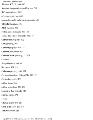 Visual Basic 6 Black Book:Index

fill color, 453, 585, 601602
four-byte integer color specifications, 588
IDE, customizing, 5051
of points, retrieving, 604
propagating color values among pixels, 645
QBColor function, 586
RGB function, 586
system color constants, 587588
Visual Basic color constants, 586587
ColPosition property, 402
Cols property, 393
Column property, 377378
ColumnClick event, 529
ColumnCount property, 377378
Columns
flex grid control, 402403
list views, 525528
Columns property, 263, 629
Combination charts, 2D and 3D, 390392
Combo boxes, 252253
adding items, 266
adding to toolbars, 479481
binding to data controls, 847
clearing items, 272
events
Change event, 253, 267
Click event, 253, 267268
DblClick event, 253


 http://24.19.55.56:8080/temp/book-index.html (19 of 138) [3/14/2001 2:14:19 AM]
 