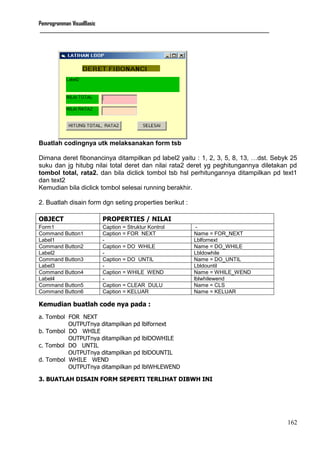 Pemrogramman VisualBasic
____________________________________________________________________________________________________________
162
Buatlah codingnya utk melaksanakan form tsb
Dimana deret fibonancinya ditampilkan pd label2 yaitu : 1, 2, 3, 5, 8, 13, …dst. Sebyk 25
suku dan jg hitubg nilai total deret dan nilai rata2 deret yg peghitungannya diletakan pd
tombol total, rata2. dan bila diclick tombol tsb hsl perhitungannya ditampilkan pd text1
dan text2
Kemudian bila diclick tombol selesai running berakhir.
2. Buatlah disain form dgn seting properties berikut :
OBJECT PROPERTIES / NILAI
Form1 Caption = Struktur Kontrol -
Command Button1 Caption = FOR NEXT Name = FOR_NEXT
Label1 - Lblfornext
Command Button2 Caption = DO WHILE Name = DO_WHILE
Label2 - Lbldowhile
Command Button3 Caption = DO UNTIL Name = DO_UNTIL
Label3 - Lbldountil
Command Button4 Caption = WHILE WEND Name = WHILE_WEND
Label4 - lblwhilewend
Command Button5 Caption = CLEAR DULU Name = CLS
Command Button6 Caption = KELUAR Name = KELUAR
Kemudian buatlah code nya pada :
a. Tombol FOR NEXT
OUTPUTnya ditampilkan pd lblfornext
b. Tombol DO WHILE
OUTPUTnya ditampilkan pd lblDOWHILE
c. Tombol DO UNTIL
OUTPUTnya ditampilkan pd lblDOUNTIL
d. Tombol WHILE WEND
OUTPUTnya ditampilkan pd lblWHLEWEND
3. BUATLAH DISAIN FORM SEPERTI TERLIHAT DIBWH INI
 