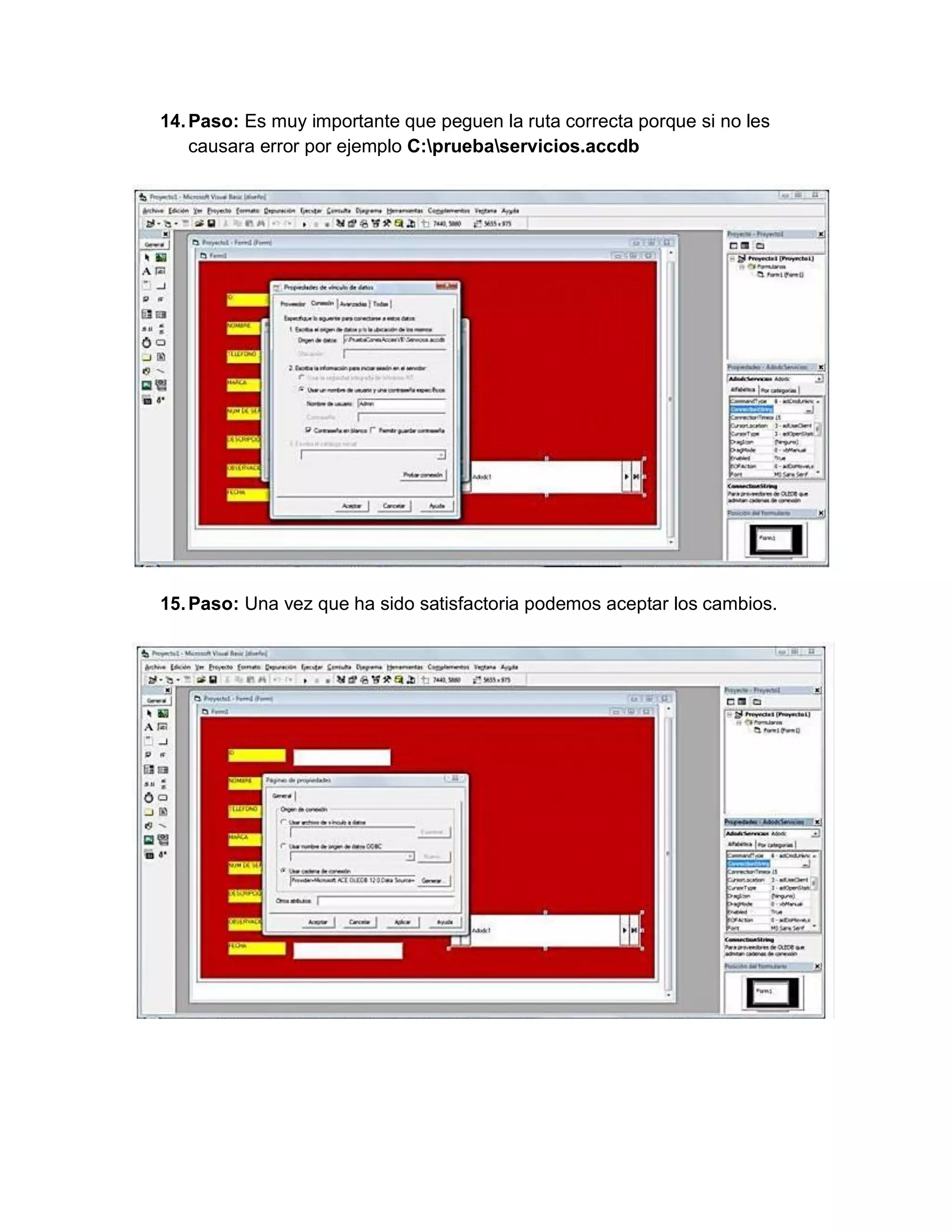 14.Paso: Es muy importante que peguen la ruta correcta porque si no les
causara error por ejemplo C:pruebaservicios.accdb
15.Paso: Una vez que ha sido satisfactoria podemos aceptar los cambios.
 