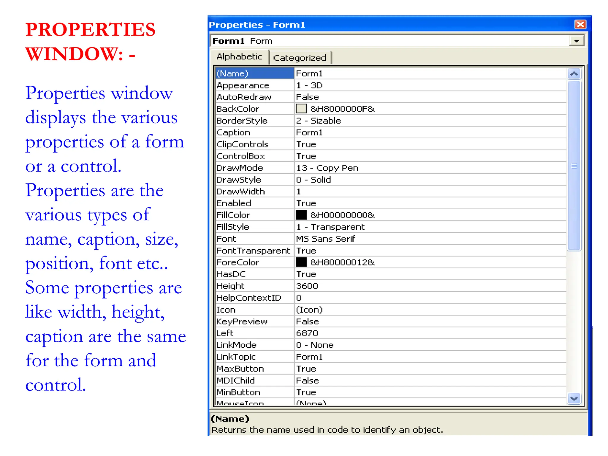 PROPERTIES WINDOW: - Properties window displays the various properties of a form or a control. Properties are the various types of name, caption, size, position, font etc.. Some properties are like width, height, caption are the same for the form and control. 