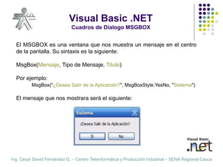 Ing. Cesar David Fernández G. – Centro Teleinformática y Producción Industrial – SENA Regional Cauca
Visual Basic .NET
Cua...