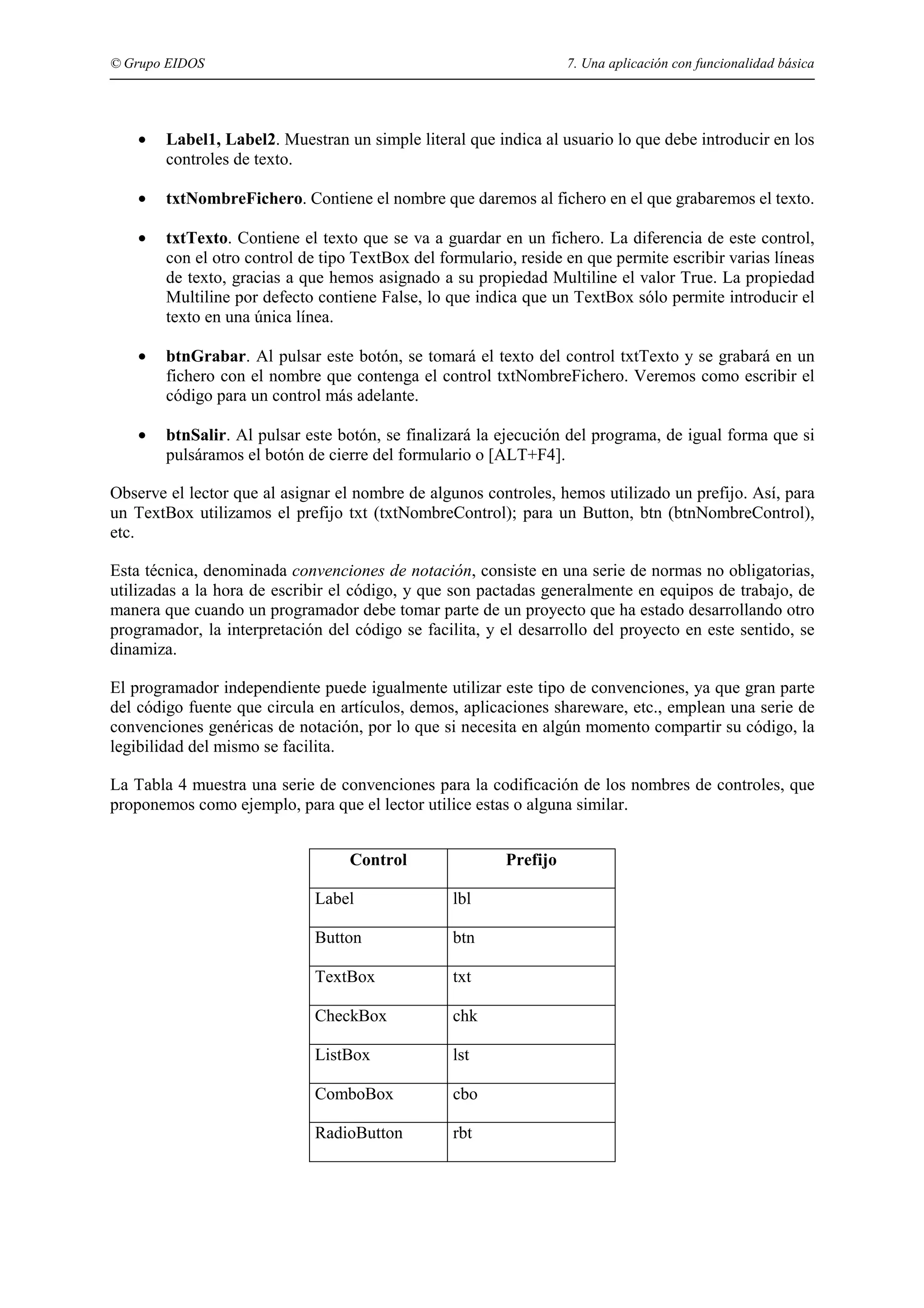 © Grupo EIDOS

7. Una aplicación con funcionalidad básica

•

Label1, Label2. Muestran un simple literal que indica al usuario lo que debe introducir en los
controles de texto.

•

txtNombreFichero. Contiene el nombre que daremos al fichero en el que grabaremos el texto.

•

txtTexto. Contiene el texto que se va a guardar en un fichero. La diferencia de este control,
con el otro control de tipo TextBox del formulario, reside en que permite escribir varias líneas
de texto, gracias a que hemos asignado a su propiedad Multiline el valor True. La propiedad
Multiline por defecto contiene False, lo que indica que un TextBox sólo permite introducir el
texto en una única línea.

•

btnGrabar. Al pulsar este botón, se tomará el texto del control txtTexto y se grabará en un
fichero con el nombre que contenga el control txtNombreFichero. Veremos como escribir el
código para un control más adelante.

•

btnSalir. Al pulsar este botón, se finalizará la ejecución del programa, de igual forma que si
pulsáramos el botón de cierre del formulario o [ALT+F4].

Observe el lector que al asignar el nombre de algunos controles, hemos utilizado un prefijo. Así, para
un TextBox utilizamos el prefijo txt (txtNombreControl); para un Button, btn (btnNombreControl),
etc.
Esta técnica, denominada convenciones de notación, consiste en una serie de normas no obligatorias,
utilizadas a la hora de escribir el código, y que son pactadas generalmente en equipos de trabajo, de
manera que cuando un programador debe tomar parte de un proyecto que ha estado desarrollando otro
programador, la interpretación del código se facilita, y el desarrollo del proyecto en este sentido, se
dinamiza.
El programador independiente puede igualmente utilizar este tipo de convenciones, ya que gran parte
del código fuente que circula en artículos, demos, aplicaciones shareware, etc., emplean una serie de
convenciones genéricas de notación, por lo que si necesita en algún momento compartir su código, la
legibilidad del mismo se facilita.
La Tabla 4 muestra una serie de convenciones para la codificación de los nombres de controles, que
proponemos como ejemplo, para que el lector utilice estas o alguna similar.
Control

Prefijo

Label

lbl

Button

btn

TextBox

txt

CheckBox

chk

ListBox

lst

ComboBox

cbo

RadioButton

rbt

 