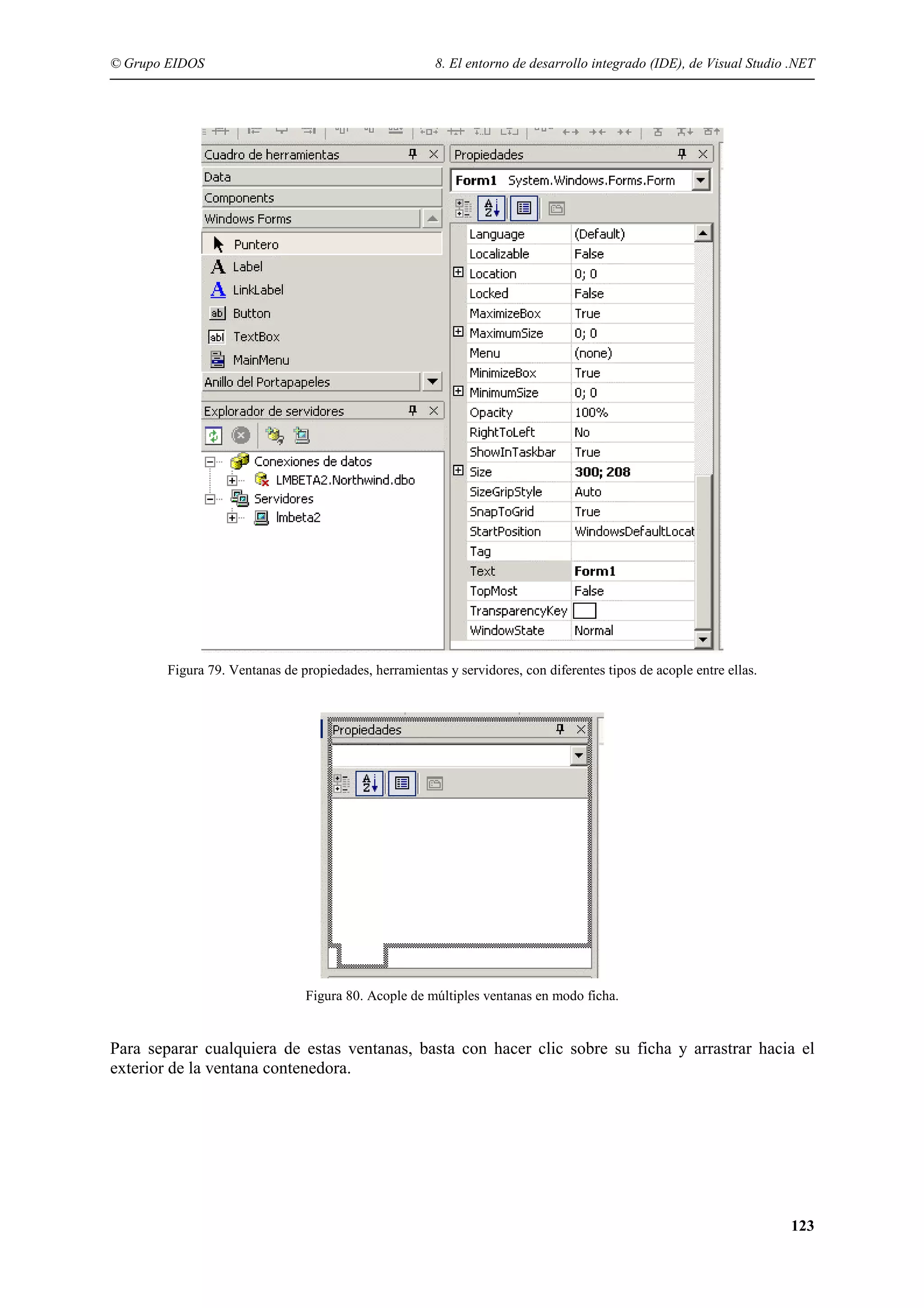 © Grupo EIDOS

8. El entorno de desarrollo integrado (IDE), de Visual Studio .NET

Figura 79. Ventanas de propiedades, herramientas y servidores, con diferentes tipos de acople entre ellas.

Figura 80. Acople de múltiples ventanas en modo ficha.

Para separar cualquiera de estas ventanas, basta con hacer clic sobre su ficha y arrastrar hacia el
exterior de la ventana contenedora.

123

 