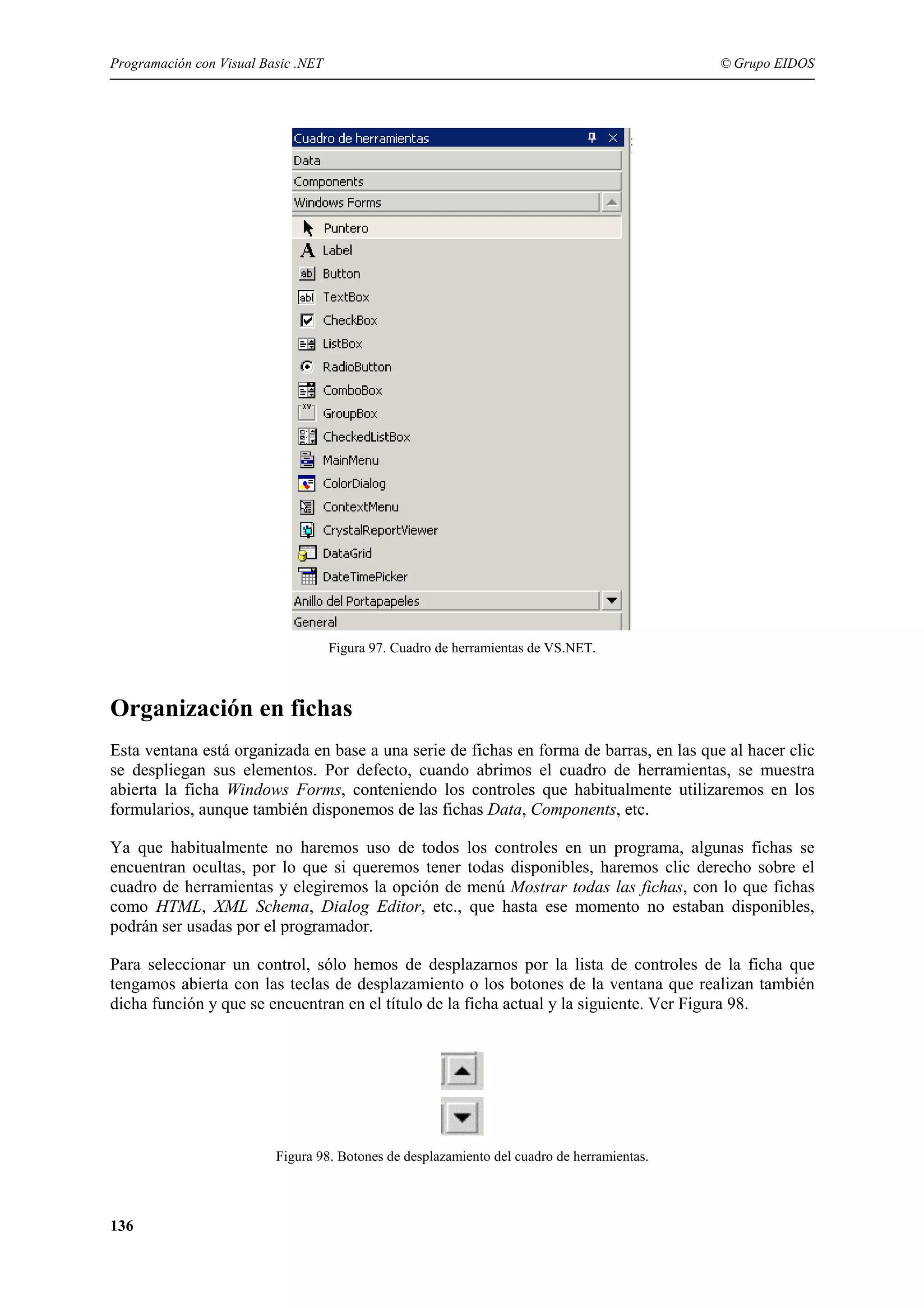 Programación con Visual Basic .NET

© Grupo EIDOS

Figura 97. Cuadro de herramientas de VS.NET.

Organización en fichas
Esta ventana está organizada en base a una serie de fichas en forma de barras, en las que al hacer clic
se despliegan sus elementos. Por defecto, cuando abrimos el cuadro de herramientas, se muestra
abierta la ficha Windows Forms, conteniendo los controles que habitualmente utilizaremos en los
formularios, aunque también disponemos de las fichas Data, Components, etc.
Ya que habitualmente no haremos uso de todos
encuentran ocultas, por lo que si queremos tener
cuadro de herramientas y elegiremos la opción de
como HTML, XML Schema, Dialog Editor, etc.,
podrán ser usadas por el programador.

los controles en un programa, algunas fichas se
todas disponibles, haremos clic derecho sobre el
menú Mostrar todas las fichas, con lo que fichas
que hasta ese momento no estaban disponibles,

Para seleccionar un control, sólo hemos de desplazarnos por la lista de controles de la ficha que
tengamos abierta con las teclas de desplazamiento o los botones de la ventana que realizan también
dicha función y que se encuentran en el título de la ficha actual y la siguiente. Ver Figura 98.

Figura 98. Botones de desplazamiento del cuadro de herramientas.

136

 