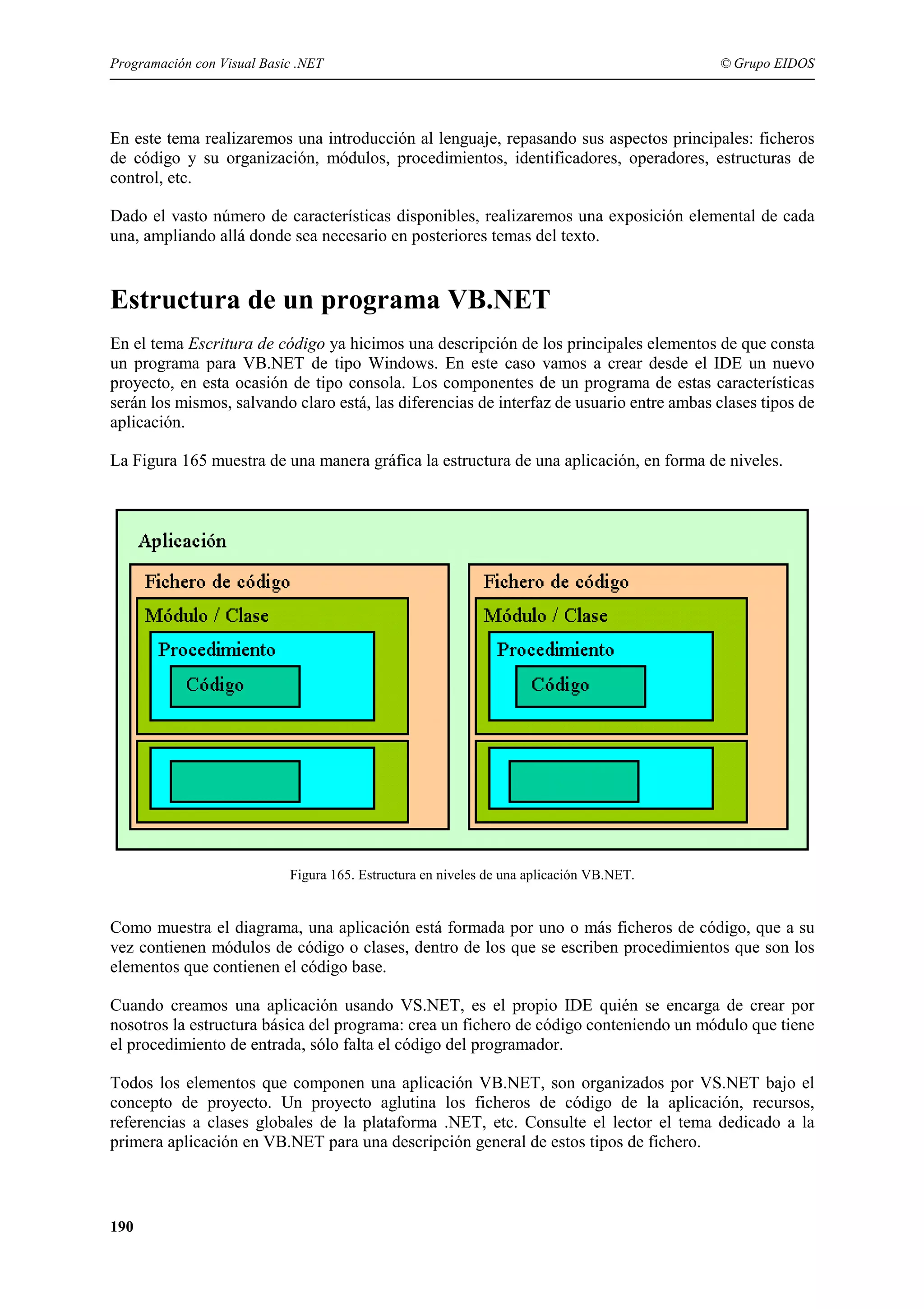 Programación con Visual Basic .NET

© Grupo EIDOS

En este tema realizaremos una introducción al lenguaje, repasando sus aspectos principales: ficheros
de código y su organización, módulos, procedimientos, identificadores, operadores, estructuras de
control, etc.
Dado el vasto número de características disponibles, realizaremos una exposición elemental de cada
una, ampliando allá donde sea necesario en posteriores temas del texto.

Estructura de un programa VB.NET
En el tema Escritura de código ya hicimos una descripción de los principales elementos de que consta
un programa para VB.NET de tipo Windows. En este caso vamos a crear desde el IDE un nuevo
proyecto, en esta ocasión de tipo consola. Los componentes de un programa de estas características
serán los mismos, salvando claro está, las diferencias de interfaz de usuario entre ambas clases tipos de
aplicación.
La Figura 165 muestra de una manera gráfica la estructura de una aplicación, en forma de niveles.

Figura 165. Estructura en niveles de una aplicación VB.NET.

Como muestra el diagrama, una aplicación está formada por uno o más ficheros de código, que a su
vez contienen módulos de código o clases, dentro de los que se escriben procedimientos que son los
elementos que contienen el código base.
Cuando creamos una aplicación usando VS.NET, es el propio IDE quién se encarga de crear por
nosotros la estructura básica del programa: crea un fichero de código conteniendo un módulo que tiene
el procedimiento de entrada, sólo falta el código del programador.
Todos los elementos que componen una aplicación VB.NET, son organizados por VS.NET bajo el
concepto de proyecto. Un proyecto aglutina los ficheros de código de la aplicación, recursos,
referencias a clases globales de la plataforma .NET, etc. Consulte el lector el tema dedicado a la
primera aplicación en VB.NET para una descripción general de estos tipos de fichero.

190

 