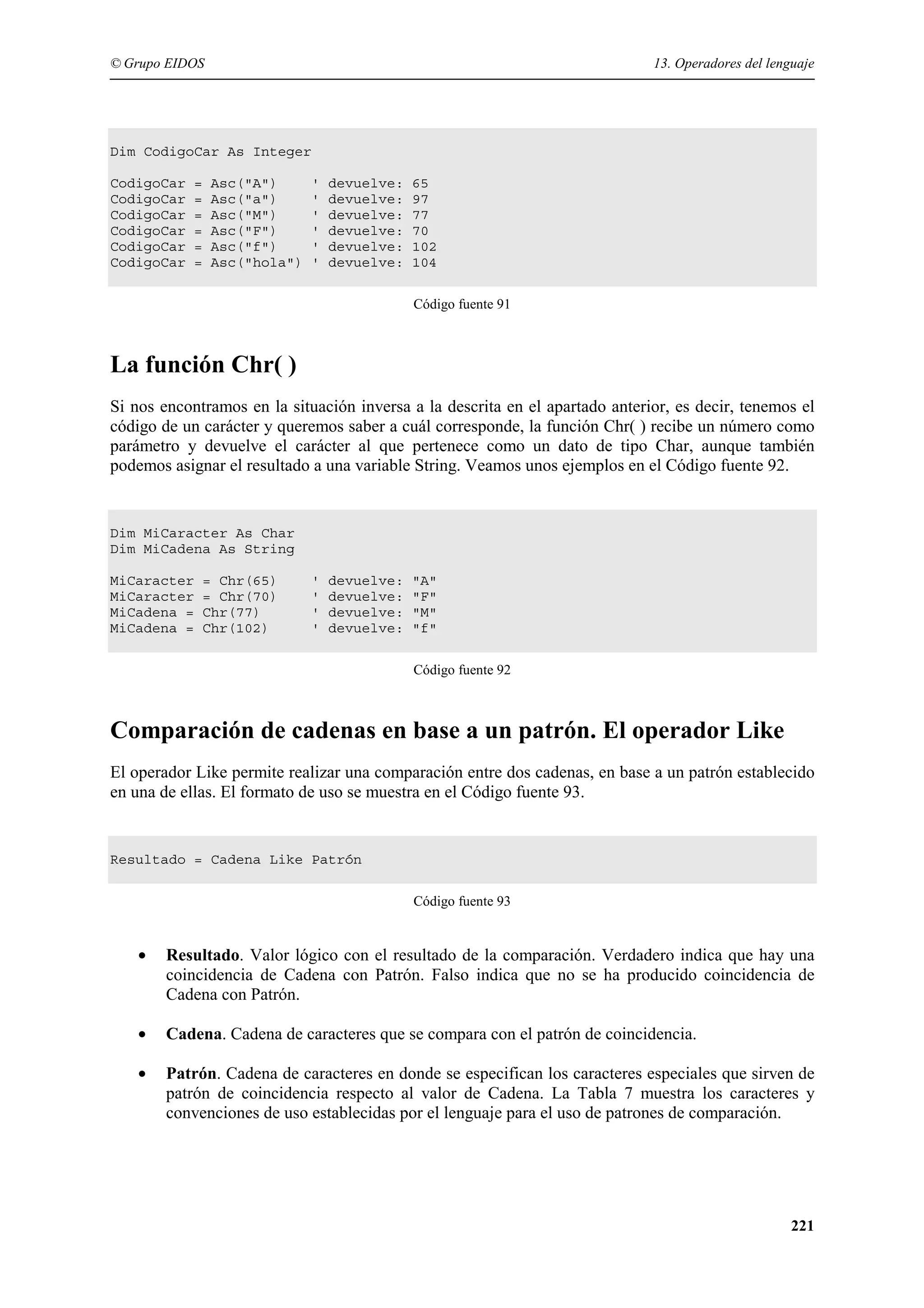 © Grupo EIDOS

13. Operadores del lenguaje

Dim CodigoCar As Integer
CodigoCar
CodigoCar
CodigoCar
CodigoCar
CodigoCar
CodigoCar

=
=
=
=
=
=

Asc("A")
Asc("a")
Asc("M")
Asc("F")
Asc("f")
Asc("hola")

'
'
'
'
'
'

devuelve:
devuelve:
devuelve:
devuelve:
devuelve:
devuelve:

65
97
77
70
102
104
Código fuente 91

La función Chr( )
Si nos encontramos en la situación inversa a la descrita en el apartado anterior, es decir, tenemos el
código de un carácter y queremos saber a cuál corresponde, la función Chr( ) recibe un número como
parámetro y devuelve el carácter al que pertenece como un dato de tipo Char, aunque también
podemos asignar el resultado a una variable String. Veamos unos ejemplos en el Código fuente 92.

Dim MiCaracter As Char
Dim MiCadena As String
MiCaracter
MiCaracter
MiCadena =
MiCadena =

= Chr(65)
= Chr(70)
Chr(77)
Chr(102)

'
'
'
'

devuelve:
devuelve:
devuelve:
devuelve:

"A"
"F"
"M"
"f"
Código fuente 92

Comparación de cadenas en base a un patrón. El operador Like
El operador Like permite realizar una comparación entre dos cadenas, en base a un patrón establecido
en una de ellas. El formato de uso se muestra en el Código fuente 93.

Resultado = Cadena Like Patrón
Código fuente 93

•

Resultado. Valor lógico con el resultado de la comparación. Verdadero indica que hay una
coincidencia de Cadena con Patrón. Falso indica que no se ha producido coincidencia de
Cadena con Patrón.

•

Cadena. Cadena de caracteres que se compara con el patrón de coincidencia.

•

Patrón. Cadena de caracteres en donde se especifican los caracteres especiales que sirven de
patrón de coincidencia respecto al valor de Cadena. La Tabla 7 muestra los caracteres y
convenciones de uso establecidas por el lenguaje para el uso de patrones de comparación.

221

 