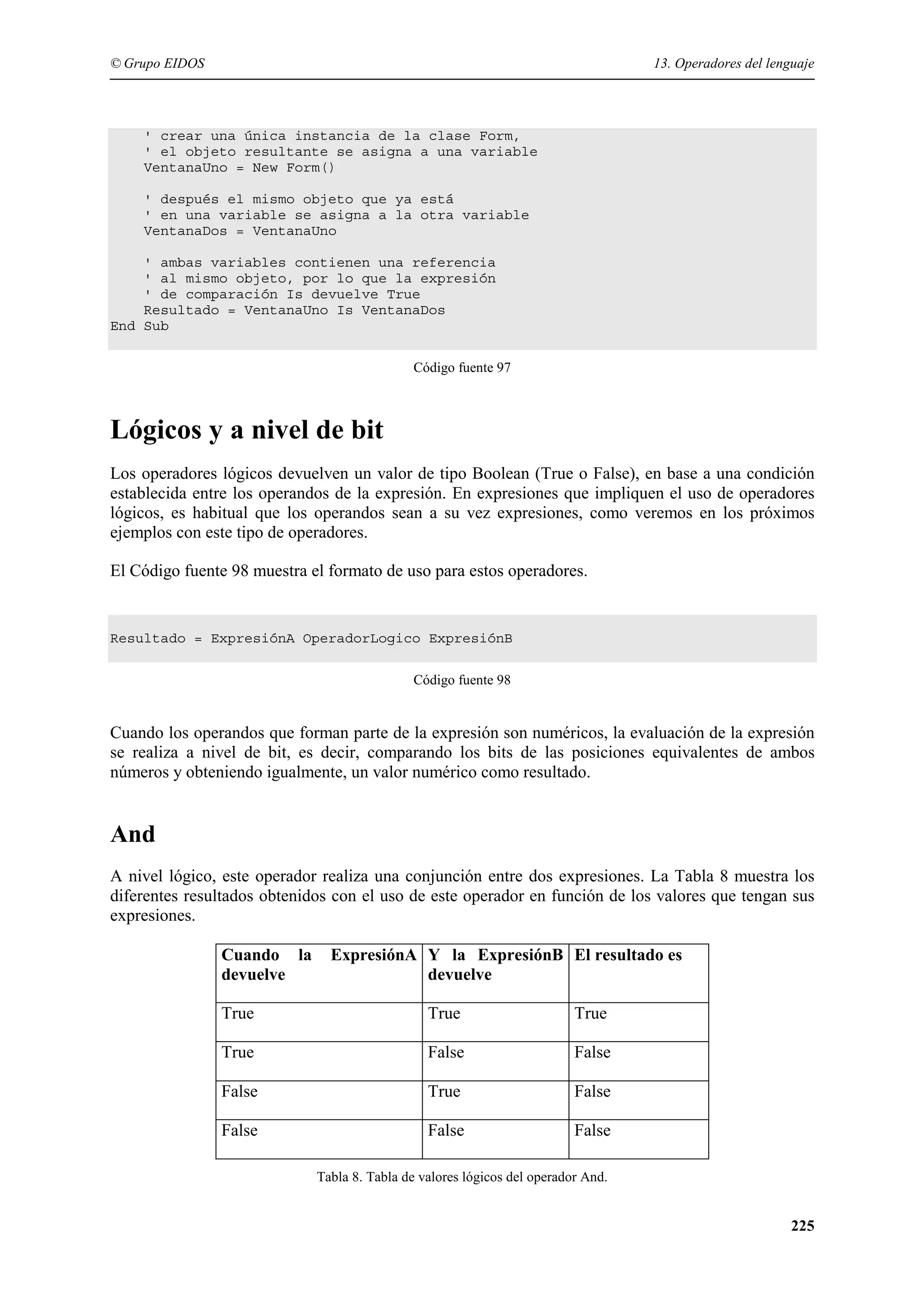 © Grupo EIDOS

13. Operadores del lenguaje

' crear una única instancia de la clase Form,
' el objeto resultante se asigna a una variable
VentanaUno = New Form()
' después el mismo objeto que ya está
' en una variable se asigna a la otra variable
VentanaDos = VentanaUno
' ambas variables contienen una referencia
' al mismo objeto, por lo que la expresión
' de comparación Is devuelve True
Resultado = VentanaUno Is VentanaDos
End Sub
Código fuente 97

Lógicos y a nivel de bit
Los operadores lógicos devuelven un valor de tipo Boolean (True o False), en base a una condición
establecida entre los operandos de la expresión. En expresiones que impliquen el uso de operadores
lógicos, es habitual que los operandos sean a su vez expresiones, como veremos en los próximos
ejemplos con este tipo de operadores.
El Código fuente 98 muestra el formato de uso para estos operadores.

Resultado = ExpresiónA OperadorLogico ExpresiónB
Código fuente 98

Cuando los operandos que forman parte de la expresión son numéricos, la evaluación de la expresión
se realiza a nivel de bit, es decir, comparando los bits de las posiciones equivalentes de ambos
números y obteniendo igualmente, un valor numérico como resultado.

And
A nivel lógico, este operador realiza una conjunción entre dos expresiones. La Tabla 8 muestra los
diferentes resultados obtenidos con el uso de este operador en función de los valores que tengan sus
expresiones.
Cuando la
devuelve

ExpresiónA Y la ExpresiónB El resultado es
devuelve

True

True

True

True

False

False

False

True

False

False

False

False

Tabla 8. Tabla de valores lógicos del operador And.

225

 