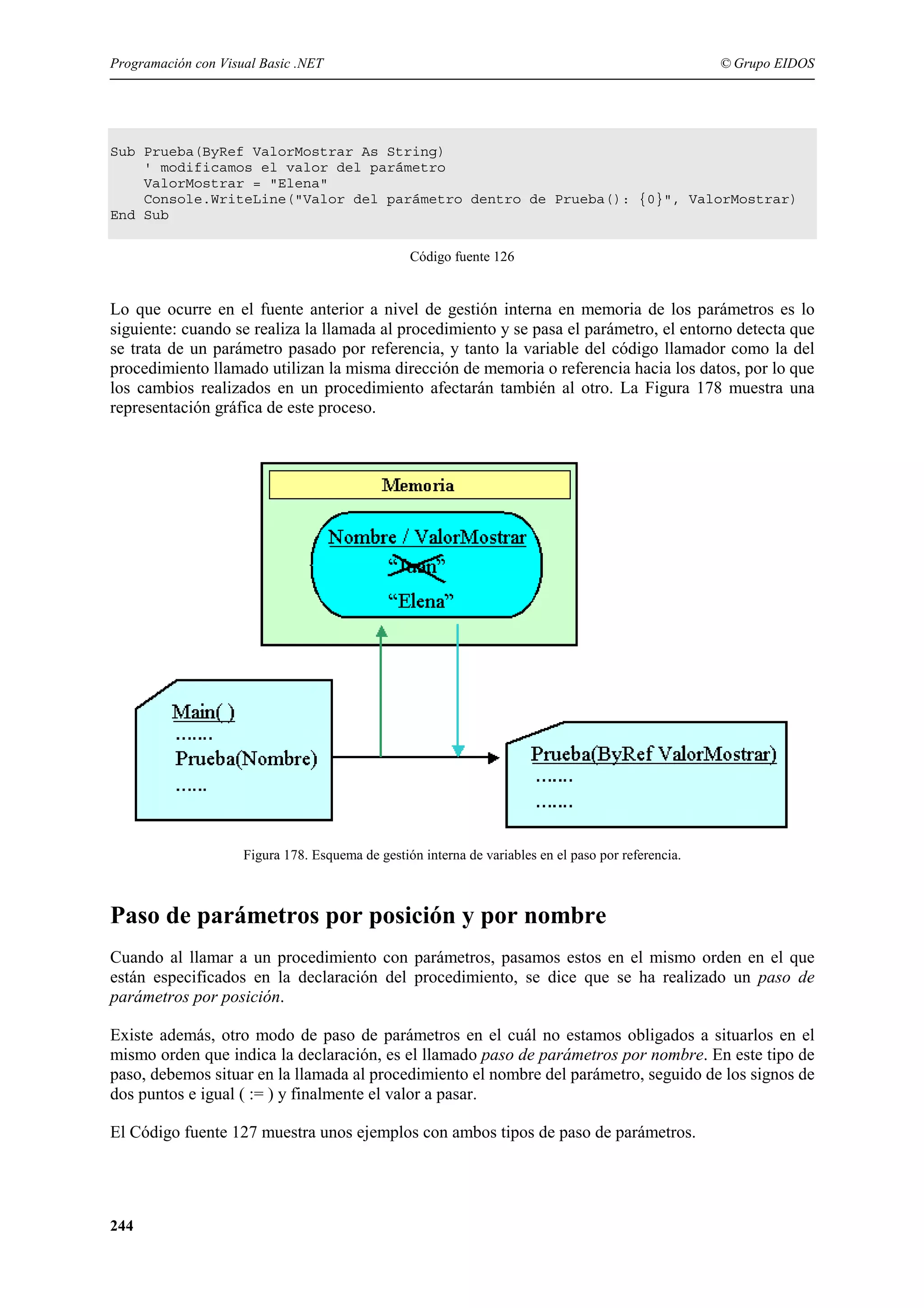 Programación con Visual Basic .NET

© Grupo EIDOS

Sub Prueba(ByRef ValorMostrar As String)
' modificamos el valor del parámetro
ValorMostrar = "Elena"
Console.WriteLine("Valor del parámetro dentro de Prueba(): {0}", ValorMostrar)
End Sub
Código fuente 126

Lo que ocurre en el fuente anterior a nivel de gestión interna en memoria de los parámetros es lo
siguiente: cuando se realiza la llamada al procedimiento y se pasa el parámetro, el entorno detecta que
se trata de un parámetro pasado por referencia, y tanto la variable del código llamador como la del
procedimiento llamado utilizan la misma dirección de memoria o referencia hacia los datos, por lo que
los cambios realizados en un procedimiento afectarán también al otro. La Figura 178 muestra una
representación gráfica de este proceso.

Figura 178. Esquema de gestión interna de variables en el paso por referencia.

Paso de parámetros por posición y por nombre
Cuando al llamar a un procedimiento con parámetros, pasamos estos en el mismo orden en el que
están especificados en la declaración del procedimiento, se dice que se ha realizado un paso de
parámetros por posición.
Existe además, otro modo de paso de parámetros en el cuál no estamos obligados a situarlos en el
mismo orden que indica la declaración, es el llamado paso de parámetros por nombre. En este tipo de
paso, debemos situar en la llamada al procedimiento el nombre del parámetro, seguido de los signos de
dos puntos e igual ( := ) y finalmente el valor a pasar.
El Código fuente 127 muestra unos ejemplos con ambos tipos de paso de parámetros.

244

 