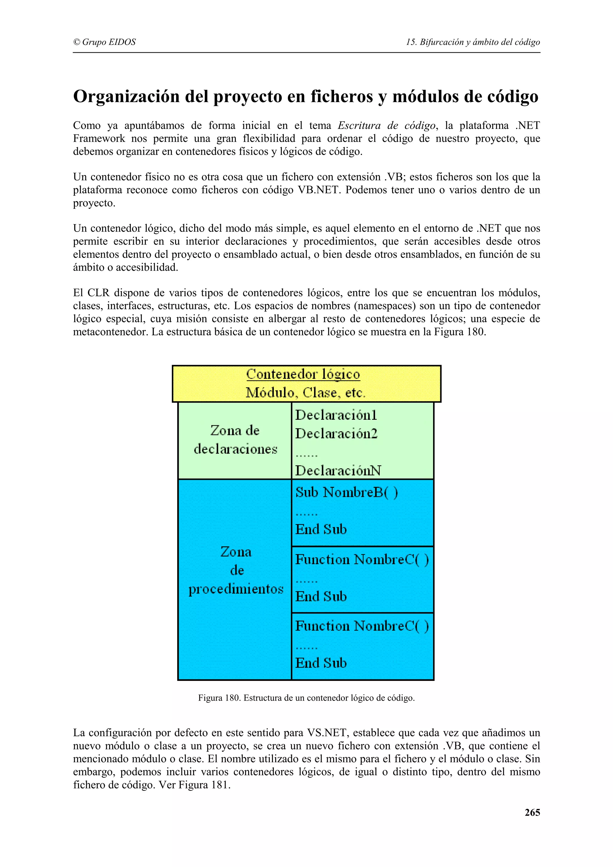 © Grupo EIDOS

15. Bifurcación y ámbito del código

Organización del proyecto en ficheros y módulos de código
Como ya apuntábamos de forma inicial en el tema Escritura de código, la plataforma .NET
Framework nos permite una gran flexibilidad para ordenar el código de nuestro proyecto, que
debemos organizar en contenedores físicos y lógicos de código.
Un contenedor físico no es otra cosa que un fichero con extensión .VB; estos ficheros son los que la
plataforma reconoce como ficheros con código VB.NET. Podemos tener uno o varios dentro de un
proyecto.
Un contenedor lógico, dicho del modo más simple, es aquel elemento en el entorno de .NET que nos
permite escribir en su interior declaraciones y procedimientos, que serán accesibles desde otros
elementos dentro del proyecto o ensamblado actual, o bien desde otros ensamblados, en función de su
ámbito o accesibilidad.
El CLR dispone de varios tipos de contenedores lógicos, entre los que se encuentran los módulos,
clases, interfaces, estructuras, etc. Los espacios de nombres (namespaces) son un tipo de contenedor
lógico especial, cuya misión consiste en albergar al resto de contenedores lógicos; una especie de
metacontenedor. La estructura básica de un contenedor lógico se muestra en la Figura 180.

Figura 180. Estructura de un contenedor lógico de código.

La configuración por defecto en este sentido para VS.NET, establece que cada vez que añadimos un
nuevo módulo o clase a un proyecto, se crea un nuevo fichero con extensión .VB, que contiene el
mencionado módulo o clase. El nombre utilizado es el mismo para el fichero y el módulo o clase. Sin
embargo, podemos incluir varios contenedores lógicos, de igual o distinto tipo, dentro del mismo
fichero de código. Ver Figura 181.
265

 