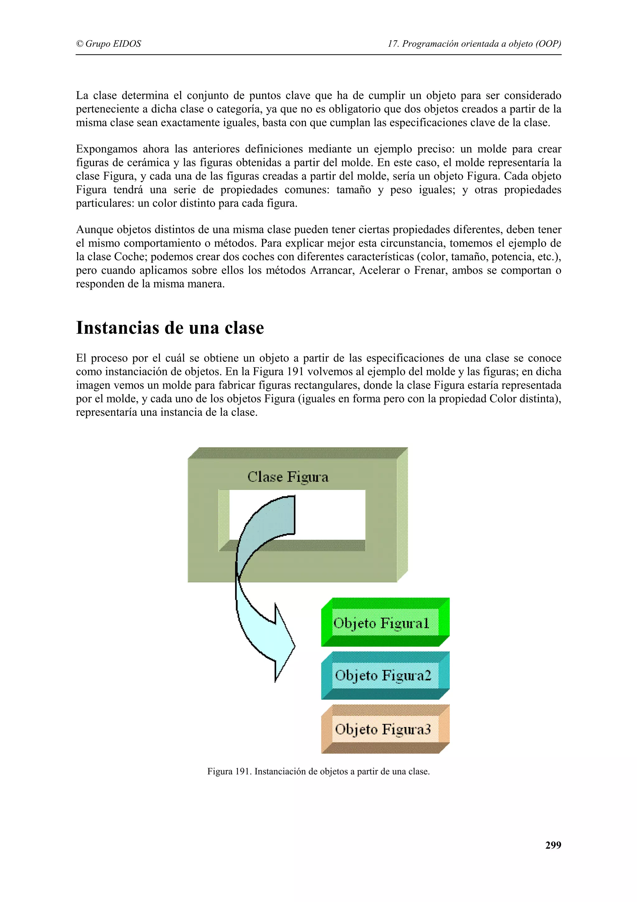 © Grupo EIDOS

17. Programación orientada a objeto (OOP)

La clase determina el conjunto de puntos clave que ha de cumplir un objeto para ser considerado
perteneciente a dicha clase o categoría, ya que no es obligatorio que dos objetos creados a partir de la
misma clase sean exactamente iguales, basta con que cumplan las especificaciones clave de la clase.
Expongamos ahora las anteriores definiciones mediante un ejemplo preciso: un molde para crear
figuras de cerámica y las figuras obtenidas a partir del molde. En este caso, el molde representaría la
clase Figura, y cada una de las figuras creadas a partir del molde, sería un objeto Figura. Cada objeto
Figura tendrá una serie de propiedades comunes: tamaño y peso iguales; y otras propiedades
particulares: un color distinto para cada figura.
Aunque objetos distintos de una misma clase pueden tener ciertas propiedades diferentes, deben tener
el mismo comportamiento o métodos. Para explicar mejor esta circunstancia, tomemos el ejemplo de
la clase Coche; podemos crear dos coches con diferentes características (color, tamaño, potencia, etc.),
pero cuando aplicamos sobre ellos los métodos Arrancar, Acelerar o Frenar, ambos se comportan o
responden de la misma manera.

Instancias de una clase
El proceso por el cuál se obtiene un objeto a partir de las especificaciones de una clase se conoce
como instanciación de objetos. En la Figura 191 volvemos al ejemplo del molde y las figuras; en dicha
imagen vemos un molde para fabricar figuras rectangulares, donde la clase Figura estaría representada
por el molde, y cada uno de los objetos Figura (iguales en forma pero con la propiedad Color distinta),
representaría una instancia de la clase.

Figura 191. Instanciación de objetos a partir de una clase.

299

 
