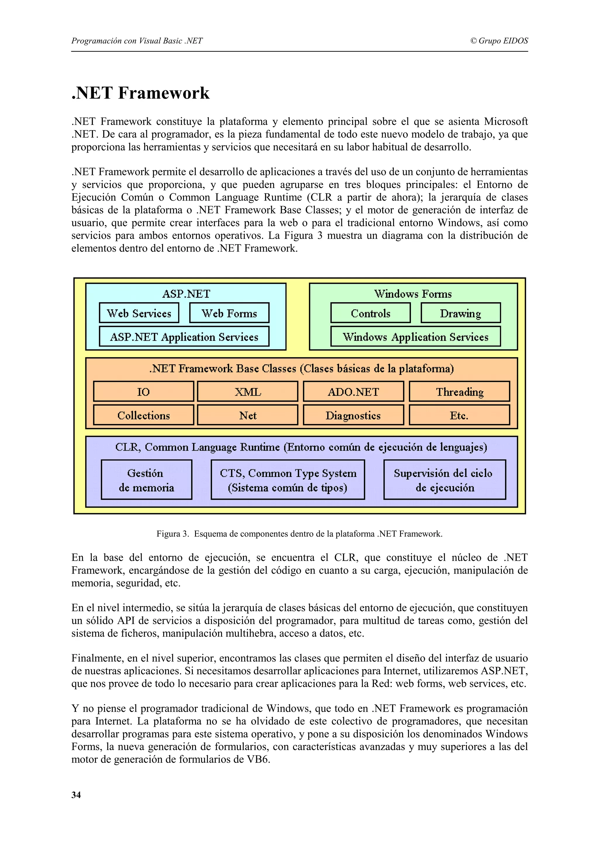 Programación con Visual Basic .NET

© Grupo EIDOS

.NET Framework
.NET Framework constituye la plataforma y elemento principal sobre el que se asienta Microsoft
.NET. De cara al programador, es la pieza fundamental de todo este nuevo modelo de trabajo, ya que
proporciona las herramientas y servicios que necesitará en su labor habitual de desarrollo.
.NET Framework permite el desarrollo de aplicaciones a través del uso de un conjunto de herramientas
y servicios que proporciona, y que pueden agruparse en tres bloques principales: el Entorno de
Ejecución Común o Common Language Runtime (CLR a partir de ahora); la jerarquía de clases
básicas de la plataforma o .NET Framework Base Classes; y el motor de generación de interfaz de
usuario, que permite crear interfaces para la web o para el tradicional entorno Windows, así como
servicios para ambos entornos operativos. La Figura 3 muestra un diagrama con la distribución de
elementos dentro del entorno de .NET Framework.

Figura 3. Esquema de componentes dentro de la plataforma .NET Framework.

En la base del entorno de ejecución, se encuentra el CLR, que constituye el núcleo de .NET
Framework, encargándose de la gestión del código en cuanto a su carga, ejecución, manipulación de
memoria, seguridad, etc.
En el nivel intermedio, se sitúa la jerarquía de clases básicas del entorno de ejecución, que constituyen
un sólido API de servicios a disposición del programador, para multitud de tareas como, gestión del
sistema de ficheros, manipulación multihebra, acceso a datos, etc.
Finalmente, en el nivel superior, encontramos las clases que permiten el diseño del interfaz de usuario
de nuestras aplicaciones. Si necesitamos desarrollar aplicaciones para Internet, utilizaremos ASP.NET,
que nos provee de todo lo necesario para crear aplicaciones para la Red: web forms, web services, etc.
Y no piense el programador tradicional de Windows, que todo en .NET Framework es programación
para Internet. La plataforma no se ha olvidado de este colectivo de programadores, que necesitan
desarrollar programas para este sistema operativo, y pone a su disposición los denominados Windows
Forms, la nueva generación de formularios, con características avanzadas y muy superiores a las del
motor de generación de formularios de VB6.
34

 