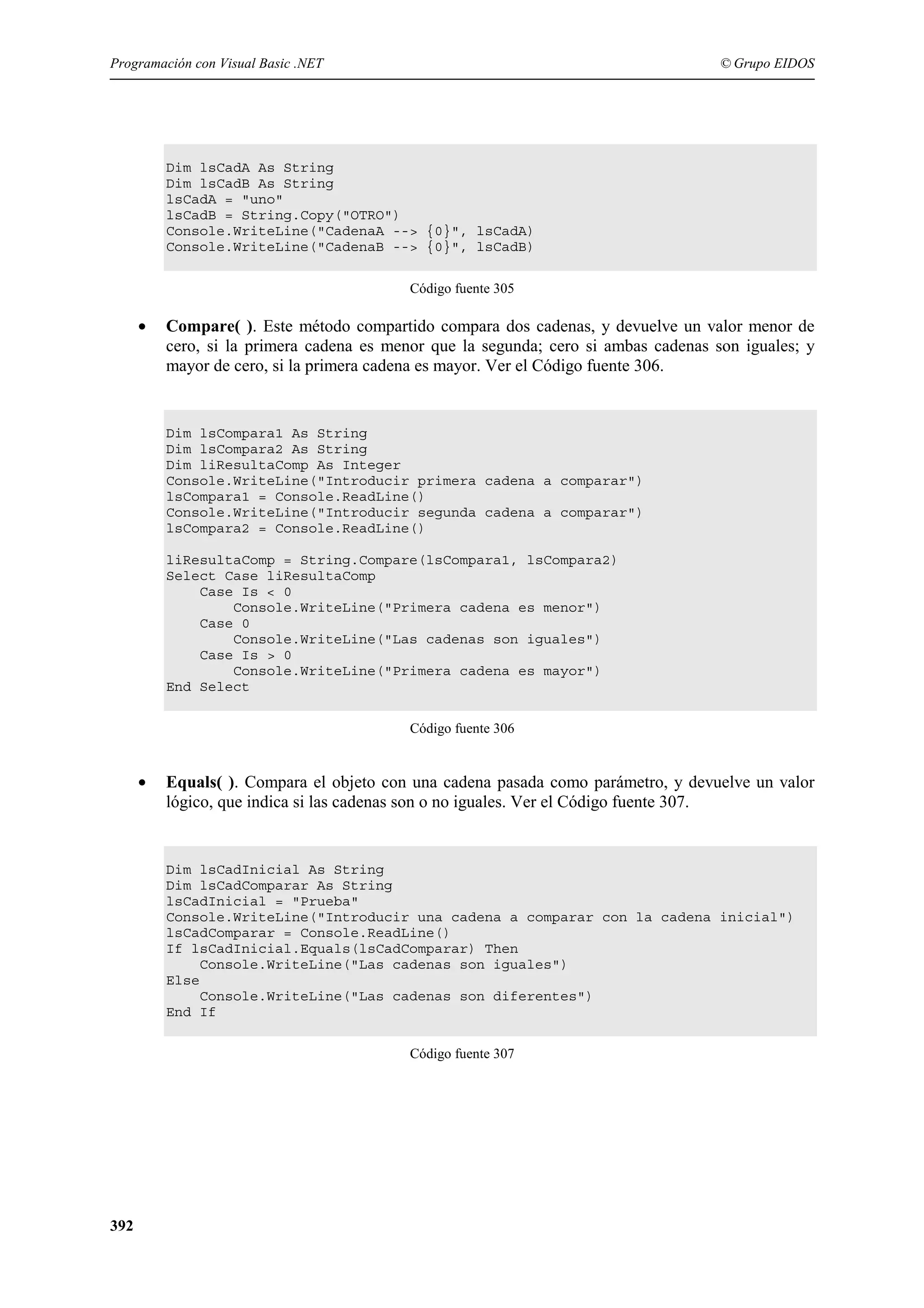 Programación con Visual Basic .NET

© Grupo EIDOS

Dim lsCadA As String
Dim lsCadB As String
lsCadA = "uno"
lsCadB = String.Copy("OTRO")
Console.WriteLine("CadenaA --> {0}", lsCadA)
Console.WriteLine("CadenaB --> {0}", lsCadB)
Código fuente 305

•

Compare( ). Este método compartido compara dos cadenas, y devuelve un valor menor de
cero, si la primera cadena es menor que la segunda; cero si ambas cadenas son iguales; y
mayor de cero, si la primera cadena es mayor. Ver el Código fuente 306.

Dim lsCompara1 As String
Dim lsCompara2 As String
Dim liResultaComp As Integer
Console.WriteLine("Introducir primera cadena a comparar")
lsCompara1 = Console.ReadLine()
Console.WriteLine("Introducir segunda cadena a comparar")
lsCompara2 = Console.ReadLine()
liResultaComp = String.Compare(lsCompara1, lsCompara2)
Select Case liResultaComp
Case Is < 0
Console.WriteLine("Primera cadena es menor")
Case 0
Console.WriteLine("Las cadenas son iguales")
Case Is > 0
Console.WriteLine("Primera cadena es mayor")
End Select
Código fuente 306

•

Equals( ). Compara el objeto con una cadena pasada como parámetro, y devuelve un valor
lógico, que indica si las cadenas son o no iguales. Ver el Código fuente 307.

Dim lsCadInicial As String
Dim lsCadComparar As String
lsCadInicial = "Prueba"
Console.WriteLine("Introducir una cadena a comparar con la cadena inicial")
lsCadComparar = Console.ReadLine()
If lsCadInicial.Equals(lsCadComparar) Then
Console.WriteLine("Las cadenas son iguales")
Else
Console.WriteLine("Las cadenas son diferentes")
End If
Código fuente 307

392

 