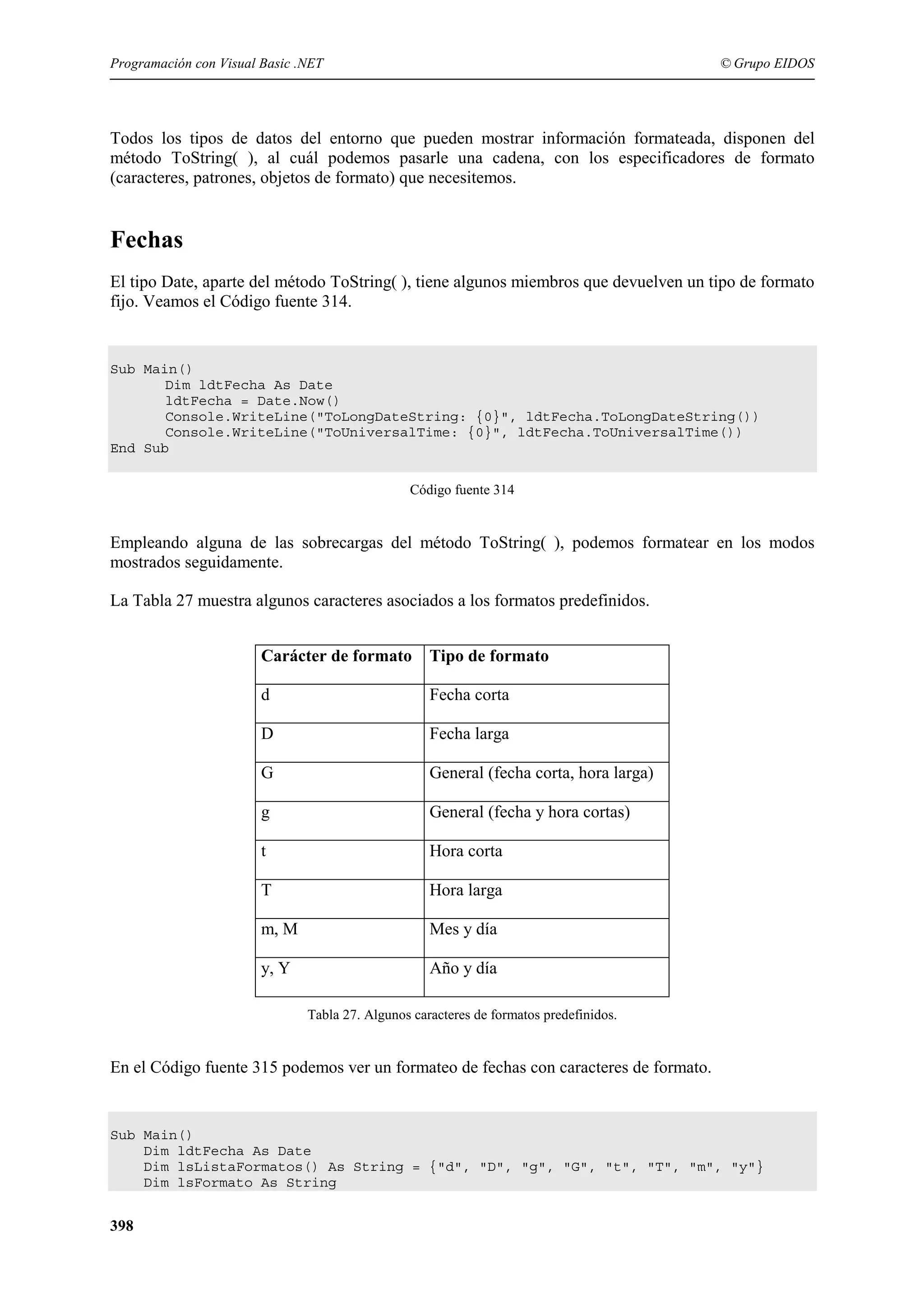 Programación con Visual Basic .NET

© Grupo EIDOS

Todos los tipos de datos del entorno que pueden mostrar información formateada, disponen del
método ToString( ), al cuál podemos pasarle una cadena, con los especificadores de formato
(caracteres, patrones, objetos de formato) que necesitemos.

Fechas
El tipo Date, aparte del método ToString( ), tiene algunos miembros que devuelven un tipo de formato
fijo. Veamos el Código fuente 314.

Sub Main()
Dim ldtFecha As Date
ldtFecha = Date.Now()
Console.WriteLine("ToLongDateString: {0}", ldtFecha.ToLongDateString())
Console.WriteLine("ToUniversalTime: {0}", ldtFecha.ToUniversalTime())
End Sub
Código fuente 314

Empleando alguna de las sobrecargas del método ToString( ), podemos formatear en los modos
mostrados seguidamente.
La Tabla 27 muestra algunos caracteres asociados a los formatos predefinidos.
Carácter de formato

Tipo de formato

d

Fecha corta

D

Fecha larga

G

General (fecha corta, hora larga)

g

General (fecha y hora cortas)

t

Hora corta

T

Hora larga

m, M

Mes y día

y, Y

Año y día
Tabla 27. Algunos caracteres de formatos predefinidos.

En el Código fuente 315 podemos ver un formateo de fechas con caracteres de formato.

Sub Main()
Dim ldtFecha As Date
Dim lsListaFormatos() As String = {"d", "D", "g", "G", "t", "T", "m", "y"}
Dim lsFormato As String

398

 