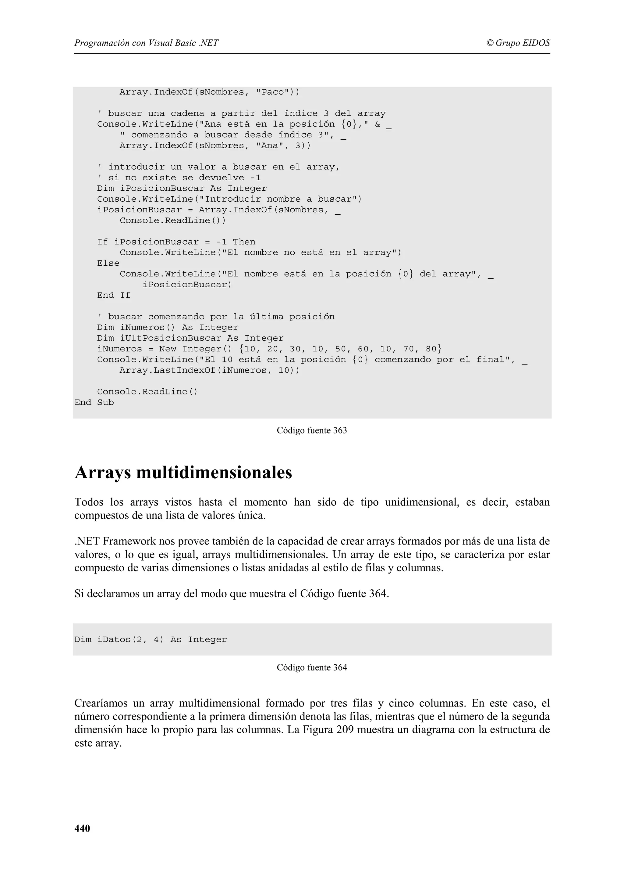 Programación con Visual Basic .NET

© Grupo EIDOS

Array.IndexOf(sNombres, "Paco"))
' buscar una cadena a partir del índice 3 del array
Console.WriteLine("Ana está en la posición {0}," & _
" comenzando a buscar desde índice 3", _
Array.IndexOf(sNombres, "Ana", 3))
' introducir un valor a buscar en el array,
' si no existe se devuelve -1
Dim iPosicionBuscar As Integer
Console.WriteLine("Introducir nombre a buscar")
iPosicionBuscar = Array.IndexOf(sNombres, _
Console.ReadLine())
If iPosicionBuscar = -1 Then
Console.WriteLine("El nombre no está en el array")
Else
Console.WriteLine("El nombre está en la posición {0} del array", _
iPosicionBuscar)
End If
' buscar comenzando por la última posición
Dim iNumeros() As Integer
Dim iUltPosicionBuscar As Integer
iNumeros = New Integer() {10, 20, 30, 10, 50, 60, 10, 70, 80}
Console.WriteLine("El 10 está en la posición {0} comenzando por el final", _
Array.LastIndexOf(iNumeros, 10))
Console.ReadLine()
End Sub
Código fuente 363

Arrays multidimensionales
Todos los arrays vistos hasta el momento han sido de tipo unidimensional, es decir, estaban
compuestos de una lista de valores única.
.NET Framework nos provee también de la capacidad de crear arrays formados por más de una lista de
valores, o lo que es igual, arrays multidimensionales. Un array de este tipo, se caracteriza por estar
compuesto de varias dimensiones o listas anidadas al estilo de filas y columnas.
Si declaramos un array del modo que muestra el Código fuente 364.

Dim iDatos(2, 4) As Integer
Código fuente 364

Crearíamos un array multidimensional formado por tres filas y cinco columnas. En este caso, el
número correspondiente a la primera dimensión denota las filas, mientras que el número de la segunda
dimensión hace lo propio para las columnas. La Figura 209 muestra un diagrama con la estructura de
este array.

440

 