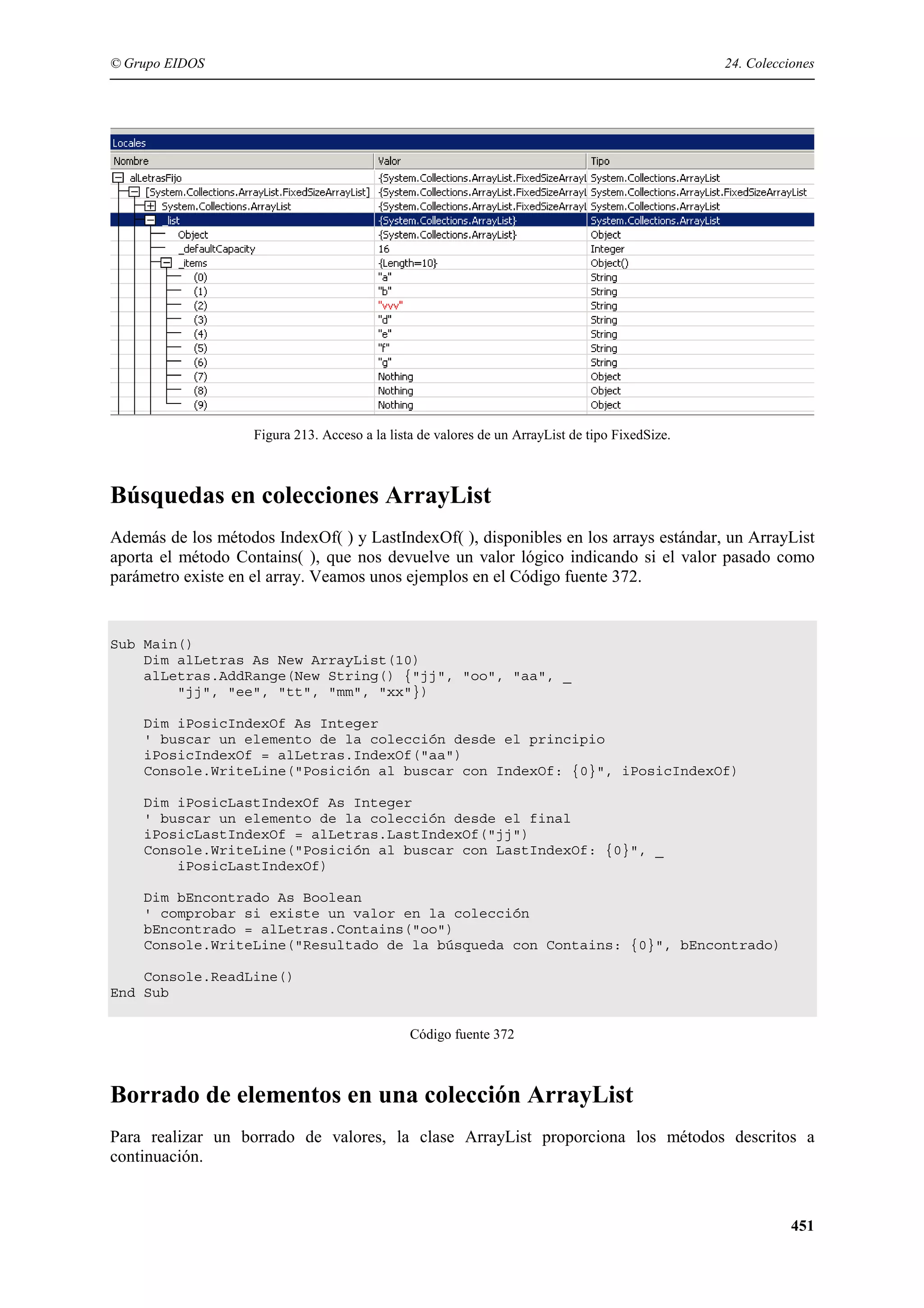 © Grupo EIDOS

24. Colecciones

Figura 213. Acceso a la lista de valores de un ArrayList de tipo FixedSize.

Búsquedas en colecciones ArrayList
Además de los métodos IndexOf( ) y LastIndexOf( ), disponibles en los arrays estándar, un ArrayList
aporta el método Contains( ), que nos devuelve un valor lógico indicando si el valor pasado como
parámetro existe en el array. Veamos unos ejemplos en el Código fuente 372.

Sub Main()
Dim alLetras As New ArrayList(10)
alLetras.AddRange(New String() {"jj", "oo", "aa", _
"jj", "ee", "tt", "mm", "xx"})
Dim iPosicIndexOf As Integer
' buscar un elemento de la colección desde el principio
iPosicIndexOf = alLetras.IndexOf("aa")
Console.WriteLine("Posición al buscar con IndexOf: {0}", iPosicIndexOf)
Dim iPosicLastIndexOf As Integer
' buscar un elemento de la colección desde el final
iPosicLastIndexOf = alLetras.LastIndexOf("jj")
Console.WriteLine("Posición al buscar con LastIndexOf: {0}", _
iPosicLastIndexOf)
Dim bEncontrado As Boolean
' comprobar si existe un valor en la colección
bEncontrado = alLetras.Contains("oo")
Console.WriteLine("Resultado de la búsqueda con Contains: {0}", bEncontrado)
Console.ReadLine()
End Sub
Código fuente 372

Borrado de elementos en una colección ArrayList
Para realizar un borrado de valores, la clase ArrayList proporciona los métodos descritos a
continuación.

451

 