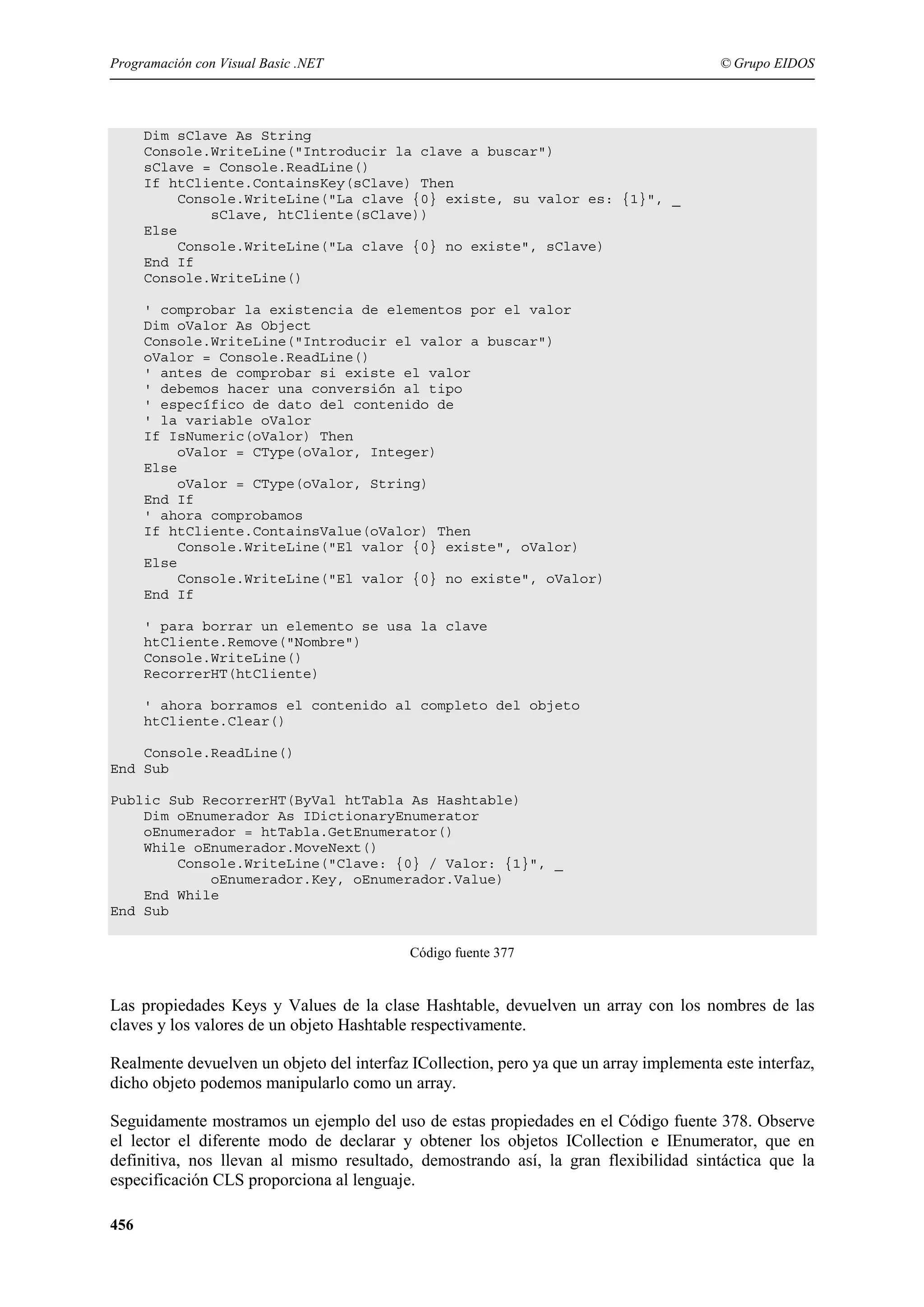 Programación con Visual Basic .NET

© Grupo EIDOS

Dim sClave As String
Console.WriteLine("Introducir la clave a buscar")
sClave = Console.ReadLine()
If htCliente.ContainsKey(sClave) Then
Console.WriteLine("La clave {0} existe, su valor es: {1}", _
sClave, htCliente(sClave))
Else
Console.WriteLine("La clave {0} no existe", sClave)
End If
Console.WriteLine()
' comprobar la existencia de elementos por el valor
Dim oValor As Object
Console.WriteLine("Introducir el valor a buscar")
oValor = Console.ReadLine()
' antes de comprobar si existe el valor
' debemos hacer una conversión al tipo
' específico de dato del contenido de
' la variable oValor
If IsNumeric(oValor) Then
oValor = CType(oValor, Integer)
Else
oValor = CType(oValor, String)
End If
' ahora comprobamos
If htCliente.ContainsValue(oValor) Then
Console.WriteLine("El valor {0} existe", oValor)
Else
Console.WriteLine("El valor {0} no existe", oValor)
End If
' para borrar un elemento se usa la clave
htCliente.Remove("Nombre")
Console.WriteLine()
RecorrerHT(htCliente)
' ahora borramos el contenido al completo del objeto
htCliente.Clear()
Console.ReadLine()
End Sub
Public Sub RecorrerHT(ByVal htTabla As Hashtable)
Dim oEnumerador As IDictionaryEnumerator
oEnumerador = htTabla.GetEnumerator()
While oEnumerador.MoveNext()
Console.WriteLine("Clave: {0} / Valor: {1}", _
oEnumerador.Key, oEnumerador.Value)
End While
End Sub
Código fuente 377

Las propiedades Keys y Values de la clase Hashtable, devuelven un array con los nombres de las
claves y los valores de un objeto Hashtable respectivamente.
Realmente devuelven un objeto del interfaz ICollection, pero ya que un array implementa este interfaz,
dicho objeto podemos manipularlo como un array.
Seguidamente mostramos un ejemplo del uso de estas propiedades en el Código fuente 378. Observe
el lector el diferente modo de declarar y obtener los objetos ICollection e IEnumerator, que en
definitiva, nos llevan al mismo resultado, demostrando así, la gran flexibilidad sintáctica que la
especificación CLS proporciona al lenguaje.
456

 