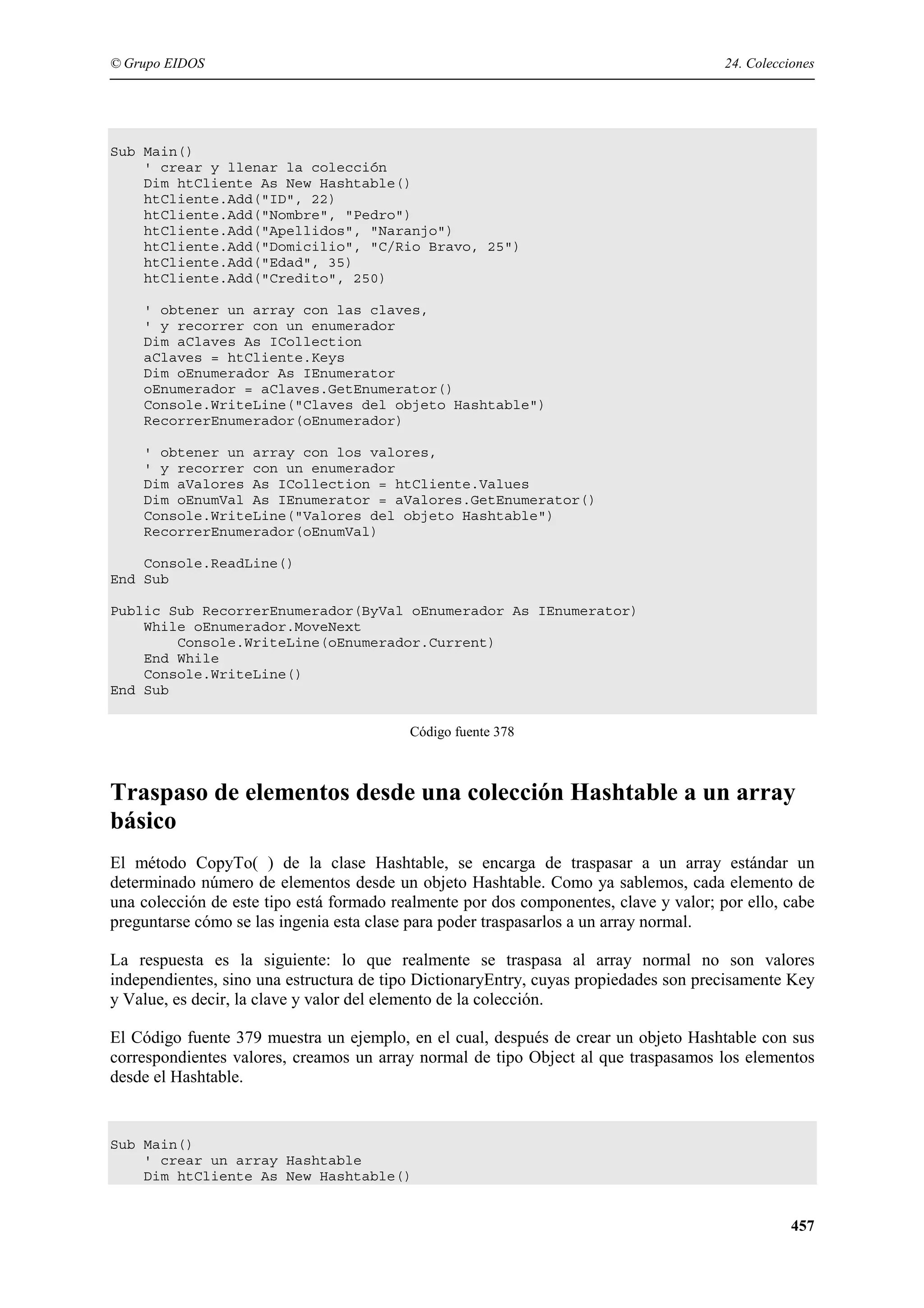 © Grupo EIDOS

24. Colecciones

Sub Main()
' crear y llenar la colección
Dim htCliente As New Hashtable()
htCliente.Add("ID", 22)
htCliente.Add("Nombre", "Pedro")
htCliente.Add("Apellidos", "Naranjo")
htCliente.Add("Domicilio", "C/Rio Bravo, 25")
htCliente.Add("Edad", 35)
htCliente.Add("Credito", 250)
' obtener un array con las claves,
' y recorrer con un enumerador
Dim aClaves As ICollection
aClaves = htCliente.Keys
Dim oEnumerador As IEnumerator
oEnumerador = aClaves.GetEnumerator()
Console.WriteLine("Claves del objeto Hashtable")
RecorrerEnumerador(oEnumerador)
' obtener un array con los valores,
' y recorrer con un enumerador
Dim aValores As ICollection = htCliente.Values
Dim oEnumVal As IEnumerator = aValores.GetEnumerator()
Console.WriteLine("Valores del objeto Hashtable")
RecorrerEnumerador(oEnumVal)
Console.ReadLine()
End Sub
Public Sub RecorrerEnumerador(ByVal oEnumerador As IEnumerator)
While oEnumerador.MoveNext
Console.WriteLine(oEnumerador.Current)
End While
Console.WriteLine()
End Sub
Código fuente 378

Traspaso de elementos desde una colección Hashtable a un array
básico
El método CopyTo( ) de la clase Hashtable, se encarga de traspasar a un array estándar un
determinado número de elementos desde un objeto Hashtable. Como ya sablemos, cada elemento de
una colección de este tipo está formado realmente por dos componentes, clave y valor; por ello, cabe
preguntarse cómo se las ingenia esta clase para poder traspasarlos a un array normal.
La respuesta es la siguiente: lo que realmente se traspasa al array normal no son valores
independientes, sino una estructura de tipo DictionaryEntry, cuyas propiedades son precisamente Key
y Value, es decir, la clave y valor del elemento de la colección.
El Código fuente 379 muestra un ejemplo, en el cual, después de crear un objeto Hashtable con sus
correspondientes valores, creamos un array normal de tipo Object al que traspasamos los elementos
desde el Hashtable.

Sub Main()
' crear un array Hashtable
Dim htCliente As New Hashtable()

457

 