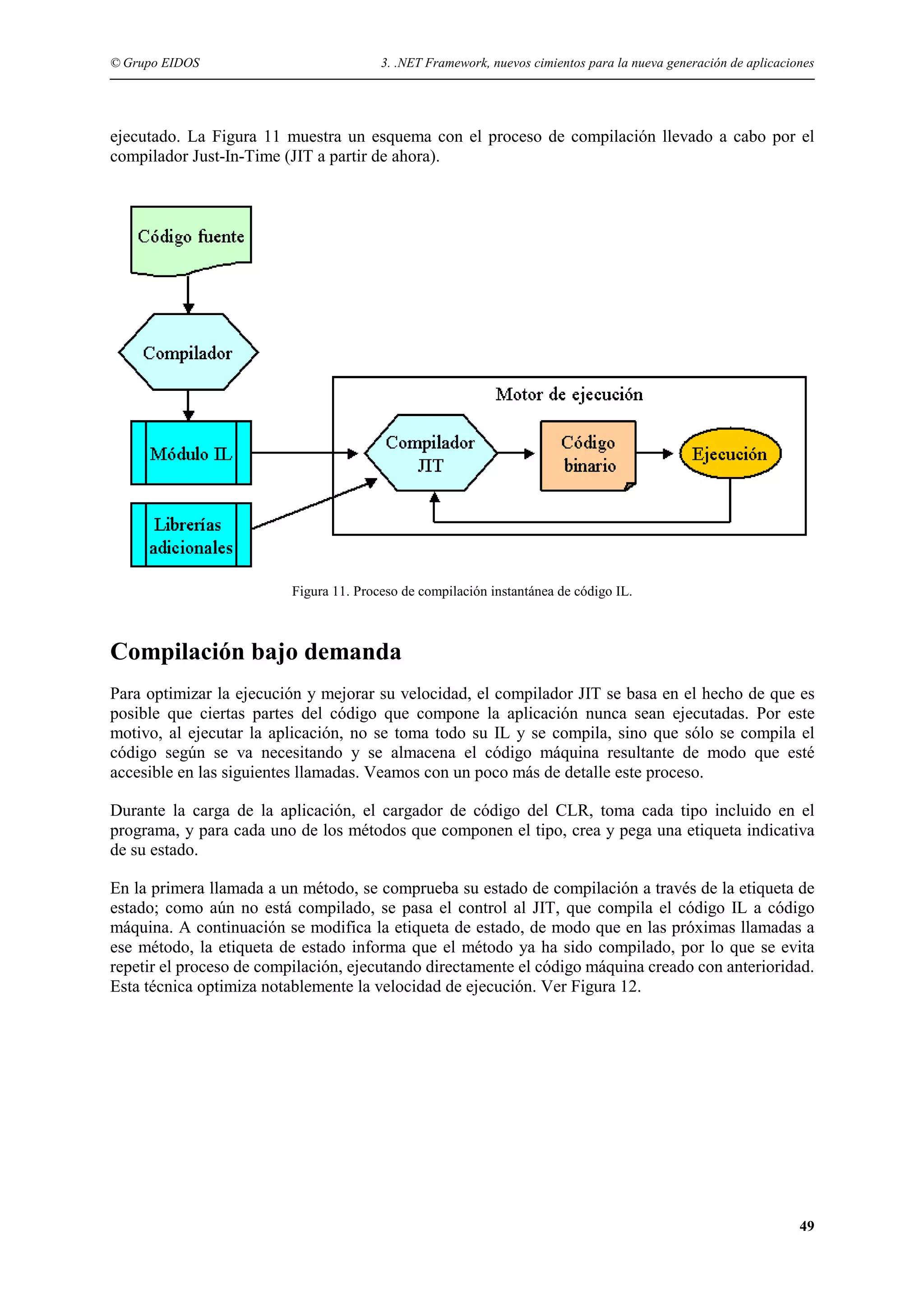 © Grupo EIDOS

3. .NET Framework, nuevos cimientos para la nueva generación de aplicaciones

ejecutado. La Figura 11 muestra un esquema con el proceso de compilación llevado a cabo por el
compilador Just-In-Time (JIT a partir de ahora).

Figura 11. Proceso de compilación instantánea de código IL.

Compilación bajo demanda
Para optimizar la ejecución y mejorar su velocidad, el compilador JIT se basa en el hecho de que es
posible que ciertas partes del código que compone la aplicación nunca sean ejecutadas. Por este
motivo, al ejecutar la aplicación, no se toma todo su IL y se compila, sino que sólo se compila el
código según se va necesitando y se almacena el código máquina resultante de modo que esté
accesible en las siguientes llamadas. Veamos con un poco más de detalle este proceso.
Durante la carga de la aplicación, el cargador de código del CLR, toma cada tipo incluido en el
programa, y para cada uno de los métodos que componen el tipo, crea y pega una etiqueta indicativa
de su estado.
En la primera llamada a un método, se comprueba su estado de compilación a través de la etiqueta de
estado; como aún no está compilado, se pasa el control al JIT, que compila el código IL a código
máquina. A continuación se modifica la etiqueta de estado, de modo que en las próximas llamadas a
ese método, la etiqueta de estado informa que el método ya ha sido compilado, por lo que se evita
repetir el proceso de compilación, ejecutando directamente el código máquina creado con anterioridad.
Esta técnica optimiza notablemente la velocidad de ejecución. Ver Figura 12.

49

 