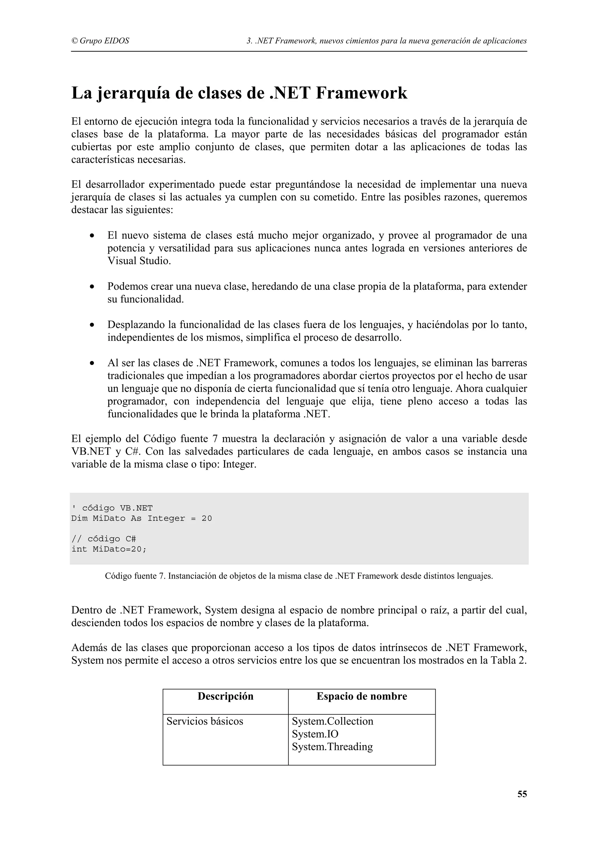 © Grupo EIDOS

3. .NET Framework, nuevos cimientos para la nueva generación de aplicaciones

La jerarquía de clases de .NET Framework
El entorno de ejecución integra toda la funcionalidad y servicios necesarios a través de la jerarquía de
clases base de la plataforma. La mayor parte de las necesidades básicas del programador están
cubiertas por este amplio conjunto de clases, que permiten dotar a las aplicaciones de todas las
características necesarias.
El desarrollador experimentado puede estar preguntándose la necesidad de implementar una nueva
jerarquía de clases si las actuales ya cumplen con su cometido. Entre las posibles razones, queremos
destacar las siguientes:
•

El nuevo sistema de clases está mucho mejor organizado, y provee al programador de una
potencia y versatilidad para sus aplicaciones nunca antes lograda en versiones anteriores de
Visual Studio.

•

Podemos crear una nueva clase, heredando de una clase propia de la plataforma, para extender
su funcionalidad.

•

Desplazando la funcionalidad de las clases fuera de los lenguajes, y haciéndolas por lo tanto,
independientes de los mismos, simplifica el proceso de desarrollo.

•

Al ser las clases de .NET Framework, comunes a todos los lenguajes, se eliminan las barreras
tradicionales que impedían a los programadores abordar ciertos proyectos por el hecho de usar
un lenguaje que no disponía de cierta funcionalidad que sí tenía otro lenguaje. Ahora cualquier
programador, con independencia del lenguaje que elija, tiene pleno acceso a todas las
funcionalidades que le brinda la plataforma .NET.

El ejemplo del Código fuente 7 muestra la declaración y asignación de valor a una variable desde
VB.NET y C#. Con las salvedades particulares de cada lenguaje, en ambos casos se instancia una
variable de la misma clase o tipo: Integer.

' código VB.NET
Dim MiDato As Integer = 20
// código C#
int MiDato=20;
Código fuente 7. Instanciación de objetos de la misma clase de .NET Framework desde distintos lenguajes.

Dentro de .NET Framework, System designa al espacio de nombre principal o raíz, a partir del cual,
descienden todos los espacios de nombre y clases de la plataforma.
Además de las clases que proporcionan acceso a los tipos de datos intrínsecos de .NET Framework,
System nos permite el acceso a otros servicios entre los que se encuentran los mostrados en la Tabla 2.
Descripción
Servicios básicos

Espacio de nombre
System.Collection
System.IO
System.Threading

55

 