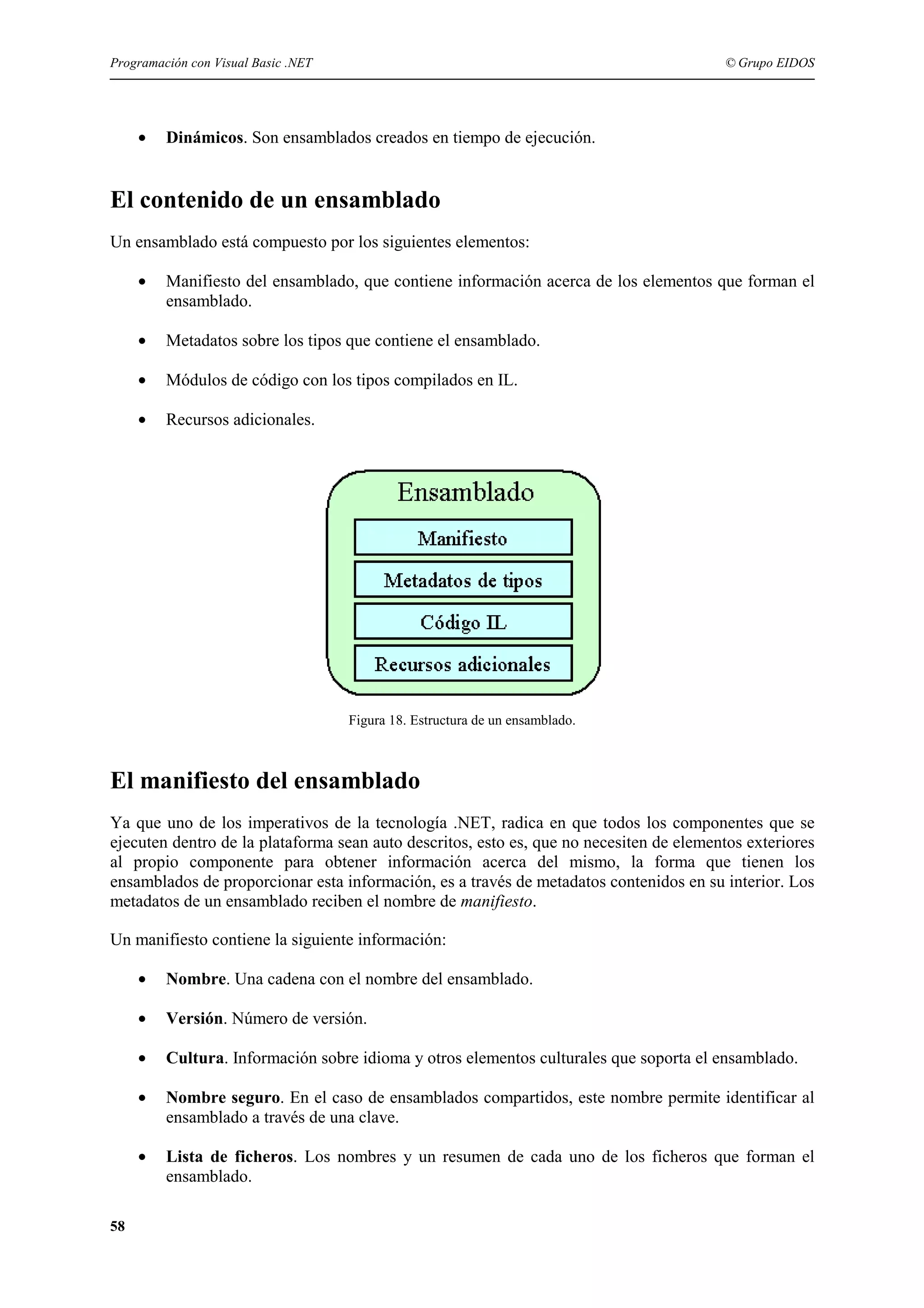 Programación con Visual Basic .NET

•

© Grupo EIDOS

Dinámicos. Son ensamblados creados en tiempo de ejecución.

El contenido de un ensamblado
Un ensamblado está compuesto por los siguientes elementos:
•

Manifiesto del ensamblado, que contiene información acerca de los elementos que forman el
ensamblado.

•

Metadatos sobre los tipos que contiene el ensamblado.

•

Módulos de código con los tipos compilados en IL.

•

Recursos adicionales.

Figura 18. Estructura de un ensamblado.

El manifiesto del ensamblado
Ya que uno de los imperativos de la tecnología .NET, radica en que todos los componentes que se
ejecuten dentro de la plataforma sean auto descritos, esto es, que no necesiten de elementos exteriores
al propio componente para obtener información acerca del mismo, la forma que tienen los
ensamblados de proporcionar esta información, es a través de metadatos contenidos en su interior. Los
metadatos de un ensamblado reciben el nombre de manifiesto.
Un manifiesto contiene la siguiente información:
•
•

Versión. Número de versión.

•

Cultura. Información sobre idioma y otros elementos culturales que soporta el ensamblado.

•

Nombre seguro. En el caso de ensamblados compartidos, este nombre permite identificar al
ensamblado a través de una clave.

•

58

Nombre. Una cadena con el nombre del ensamblado.

Lista de ficheros. Los nombres y un resumen de cada uno de los ficheros que forman el
ensamblado.

 