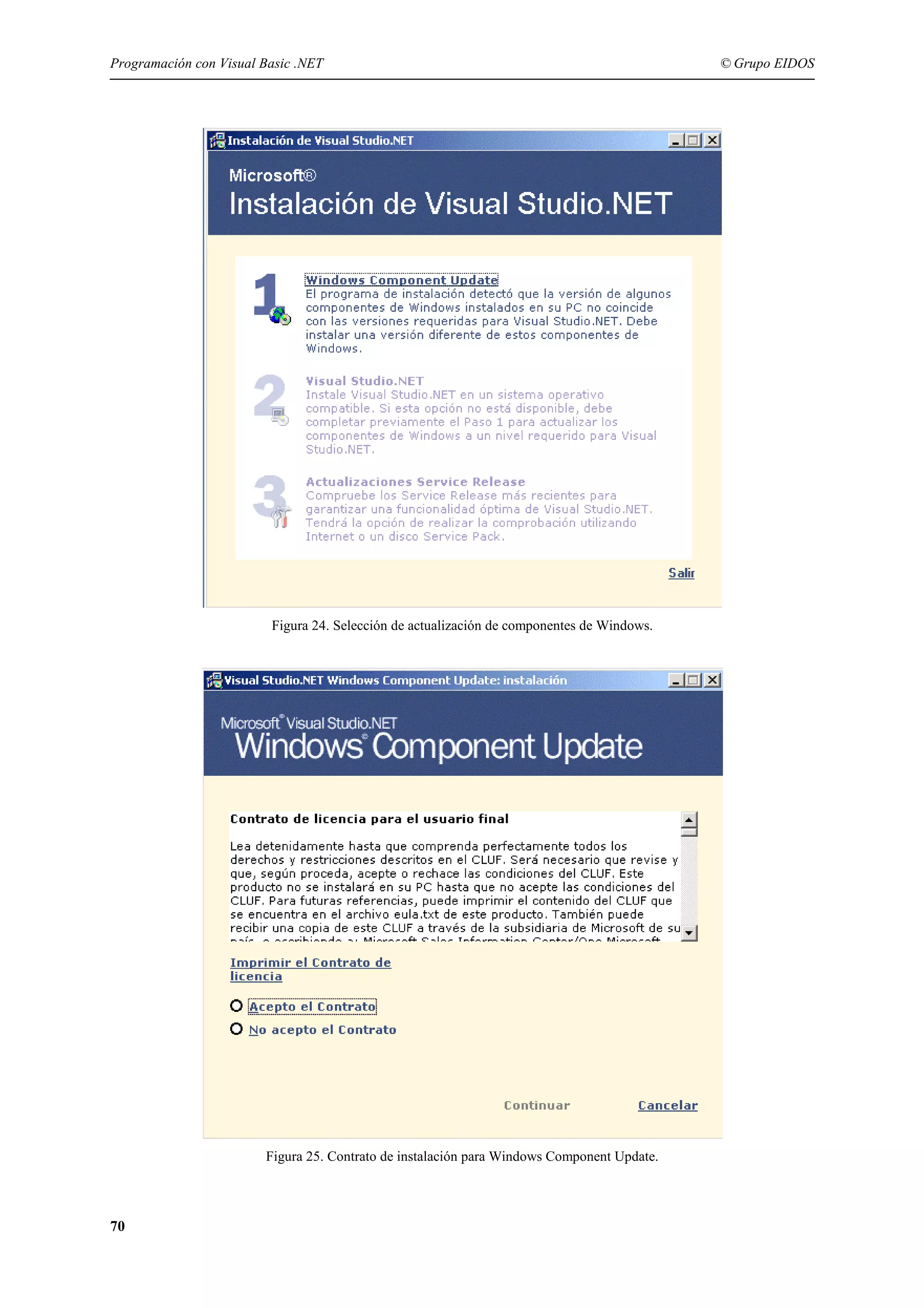 Programación con Visual Basic .NET

Figura 24. Selección de actualización de componentes de Windows.

Figura 25. Contrato de instalación para Windows Component Update.

70

© Grupo EIDOS

 