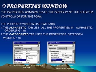 PROPERTIES WINDOW THE PROPERTIES WINDOW LISTS THE PROPERTY OF THE SELECTED  CONTROLS OR FOR THE FORM. THE PROPERTY WINDOW HAS TWO TABS: 1.THE  ALPHABETIC   TAB LIST  ALL THE PROPERTIES IN  ALPHABETIC ORDER.(FIG 1.8) 2.THE  CATEGORIZED  TAB LISTS THE PROPERTIES  CATEGORY-  WISE(FIG 1.9) FIG 1.8 ALPHABETIC TAB OF PROPERTIES  WINDOW FIG 1.9 CATEGORIZED TAB OF PROPERTIES  WINDOW 