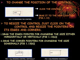 TO CHANGE THE POSITION OF THE CONTROL : FIG 1.12 DRAGGING THE CONTROL TO RESIZE THE CONTROL JUST CLICK ON THE  CONTROL AND RESIZE THE POINTERS ON ITS EDGES AND CORNERS. i.DRAG THE EDGES POINTER FOR CHANGING THE SIZE EITHER HORIZONTALLY OR VERTICALLY.[FIG 1.13(a)] ii.DRAG THE CORNER POINTERS FOR CHANGING THE SIZE DIAGONALLY.[FIG 1.13(b)] FIG 1.13(a) RESIZING CONTROL VERTICALLY FIG 1.13(b) RESIZING DIAGONALLY DRAG IT TO THE NEW LOCATION. (FIG.1.12) CLICK THE CONTROL 