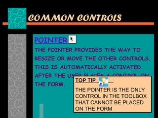 COMMON CONTROLS POINTER THE POINTER PROVIDES THE WAY TO  RESIZE OR MOVE THE OTHER CONTROLS. THIS IS AUTOMATICALLY ACTIVATED  AFTER THE USER PLACES A CONTROL ON  THE FORM. TOP TIP  THE POINTER IS THE ONLY CONTROL IN THE TOOLBOX THAT CANNOT BE PLACED ON THE FORM 