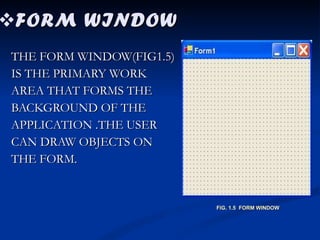 FORM WINDOW THE FORM WINDOW(FIG1.5)  IS THE PRIMARY WORK  AREA THAT FORMS THE BACKGROUND OF THE  APPLICATION .THE USER CAN DRAW OBJECTS ON THE FORM. FIG. 1.5  FORM WINDOW 