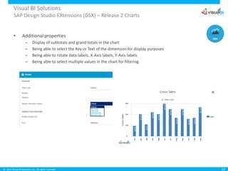 © 2015 Visual BI Solutions, Inc. All rights reserved.
Visual BI Solutions
SAP Design Studio EXtensions (DSX) – Release 2 Charts
• Additional properties
– Display of subtotals and grand totals in the chart
– Being able to select the Key or Text of the dimension for display purposes
– Being able to rotate data labels, X-Axis labels, Y-Axis labels
– Being able to select multiple values in the chart for filtering
19
 