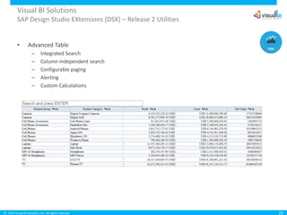 © 2015 Visual BI Solutions, Inc. All rights reserved.
Visual BI Solutions
SAP Design Studio EXtensions (DSX) – Release 2 Utilities
• Advanced Table
– Integrated Search
– Column independent search
– Configurable paging
– Alerting
– Custom Calculations
– Easy formatting options
23
 