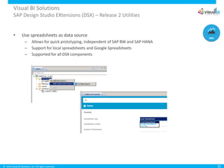 © 2015 Visual BI Solutions, Inc. All rights reserved.
Visual BI Solutions
SAP Design Studio EXtensions (DSX) – Release 2 Utilities
• Use spreadsheets as data source
– Allows for quick prototyping, independent of SAP BW and SAP HANA
– Support for local spreadsheets and Google Spreadsheets
– Supported for all DSX components
25
 
