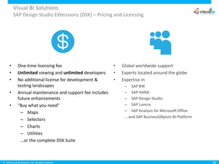 © 2015 Visual BI Solutions, Inc. All rights reserved.
Visual BI Solutions
SAP Design Studio EXtensions (DSX) – Pricing and Licensing
30
• One-time licensing fee
• Unlimited viewing and unlimited developers
• No additional license for development &
testing landscapes
• Annual maintenance and support fee includes
future enhancements
• "Buy what you need"
– Maps
– Selectors
– Charts
– Utilities
…or the complete DSX Suite
• Global worldwide support
• Experts located around the globe
• Expertise in
– SAP BW
– SAP HANA
– SAP Design Studio
– SAP Lumira
– SAP Analysis for Microsoft Office
….and SAP BusinessObjects BI Platform
 