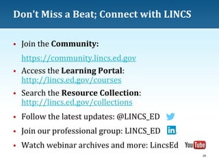 Don’t Miss a Beat; Connect with LINCS


Join the Community:



https://community.lincs.ed.gov
Access the Learning Portal:
http://lincs.ed.gov/courses



Search the Resource Collection:
http://lincs.ed.gov/collections



Follow the latest updates: @LINCS_ED



Join our professional group: LINCS_ED



Watch webinar archives and more: LincsEd
28

 