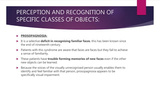 PERCEPTION AND RECOGNITION OF
SPECIFIC CLASSES OF OBJECTS:
 PROSOPAGNOSIA:
 It is a selective deficit in recognising familiar faces, this has been known since
the end of nineteenth century.
 Patients with this syndrome are aware that faces are faces but they fail to achieve
a sense of familiarity.
 These patients have trouble forming memories of new faces even if the other
new objects can be learned.
 Because the voices of the visually unrecognised person usually enables them to
identify and feel familiar with that person, prosopagnosia appears to be
specifically visual impairment.
 