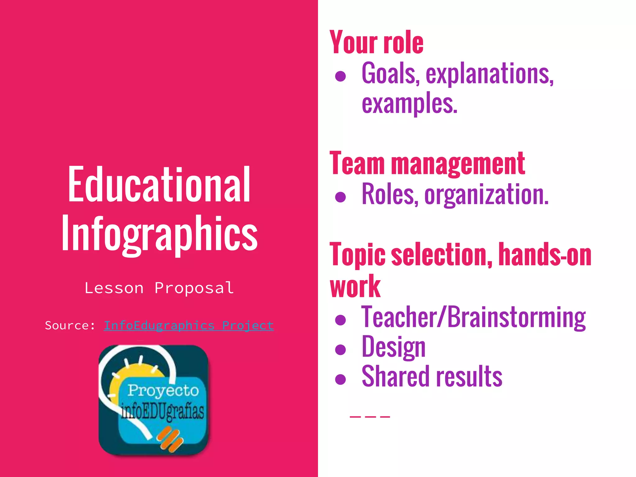 Your role
● Goals, explanations,
examples.
Team management
● Roles, organization.
Topic selection, hands-on
work
● Teacher/Brainstorming
● Design
● Shared results
Educational
Infographics
Lesson Proposal
Source: InfoEdugraphics Project