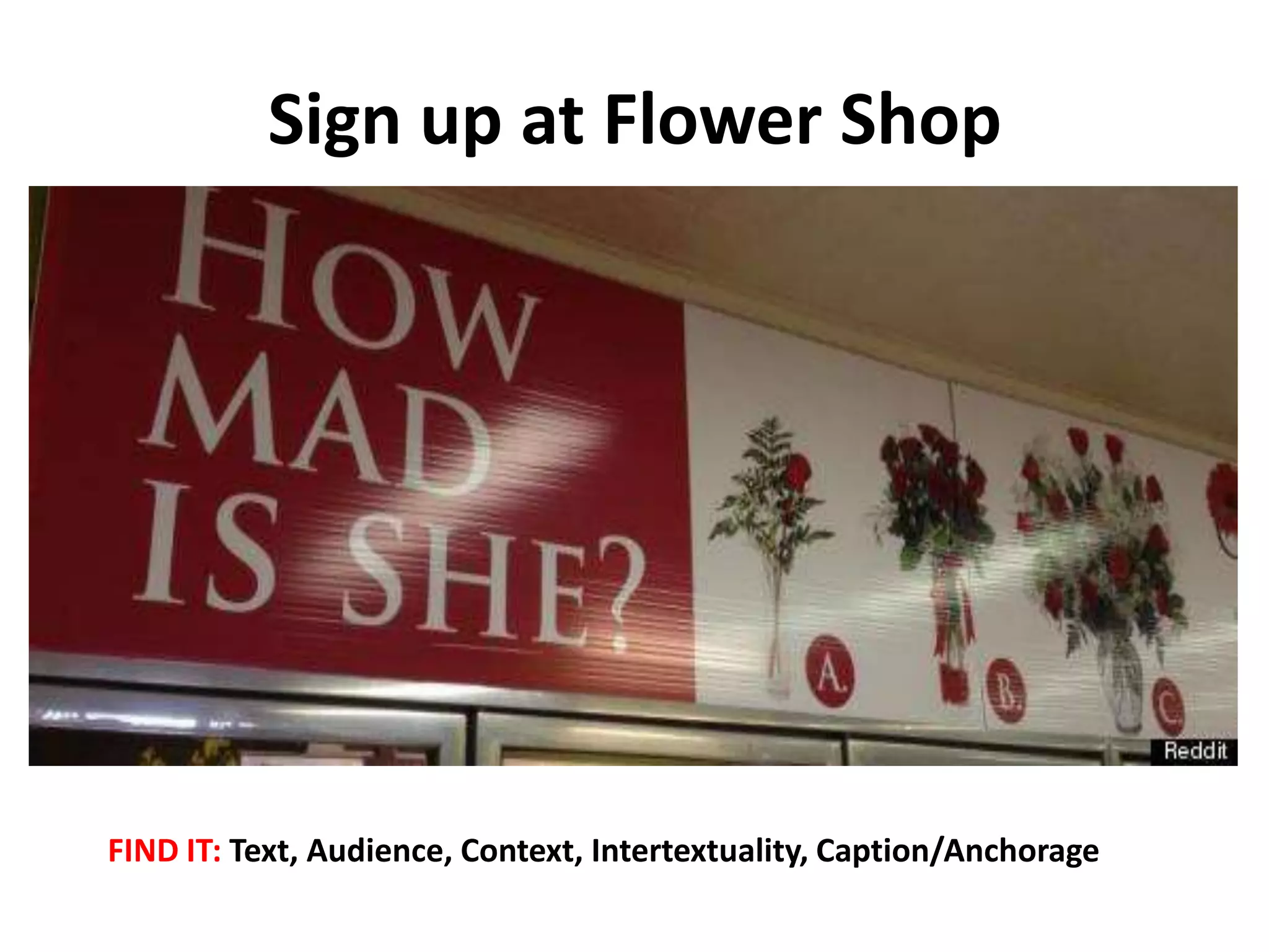 Sign up at Flower Shop
FIND IT: Text, Audience, Context, Intertextuality, Caption/Anchorage
 