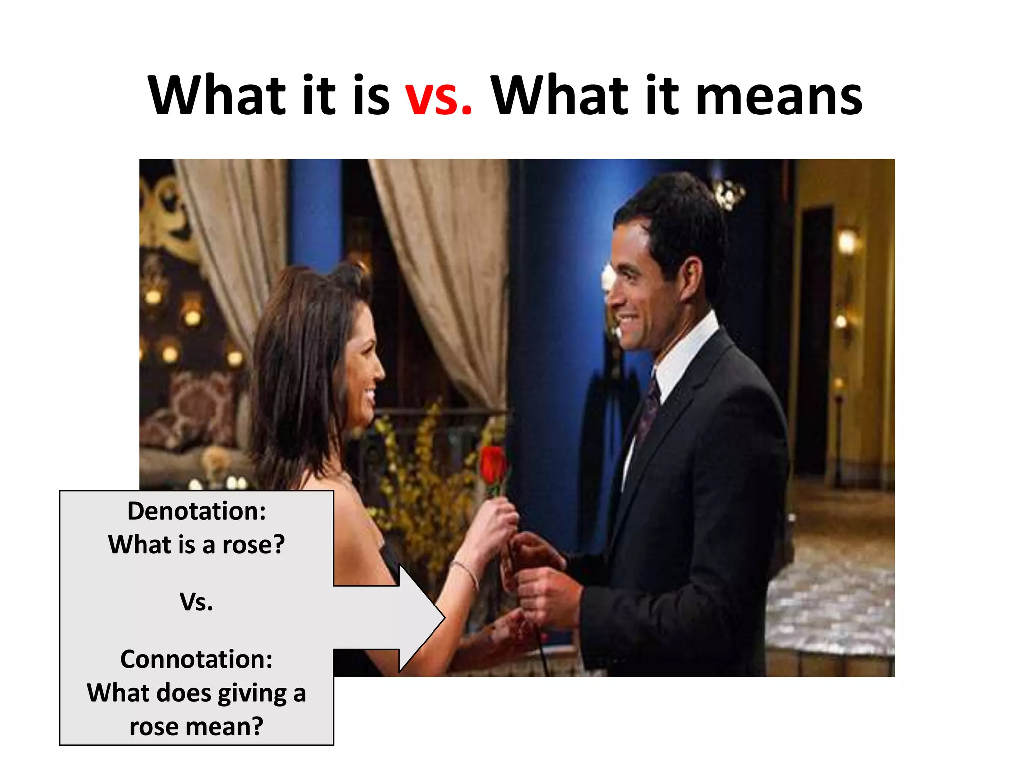 Denotation:
What is a rose?
Vs.
Connotation:
What does giving a
rose mean?
What it is vs. What it means
 