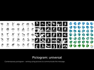 Contemporary pictogram - writing using pictures to communicate the message.
Pictogram: universal
 