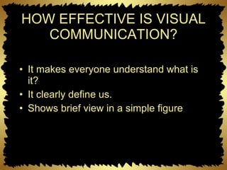 HOW EFFECTIVE IS VISUAL COMMUNICATION? It makes everyone understand what is it? It clearly define us. Shows brief view in a simple figure 